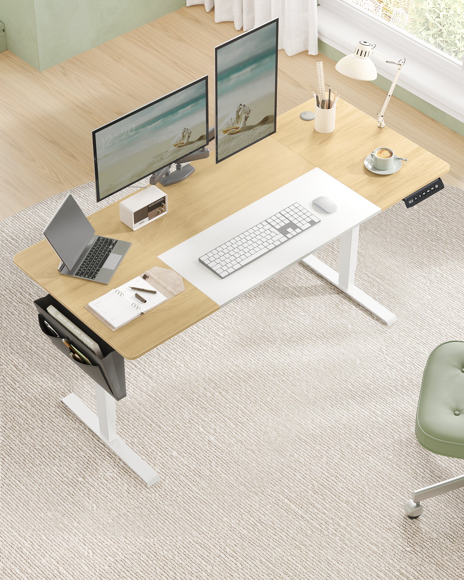 Bureau Assis Debout Électrique, 70 x 160 x (72-120) cm, Table Réglable en Hauteur, Jaune Pastel et Blanc Pur - 7