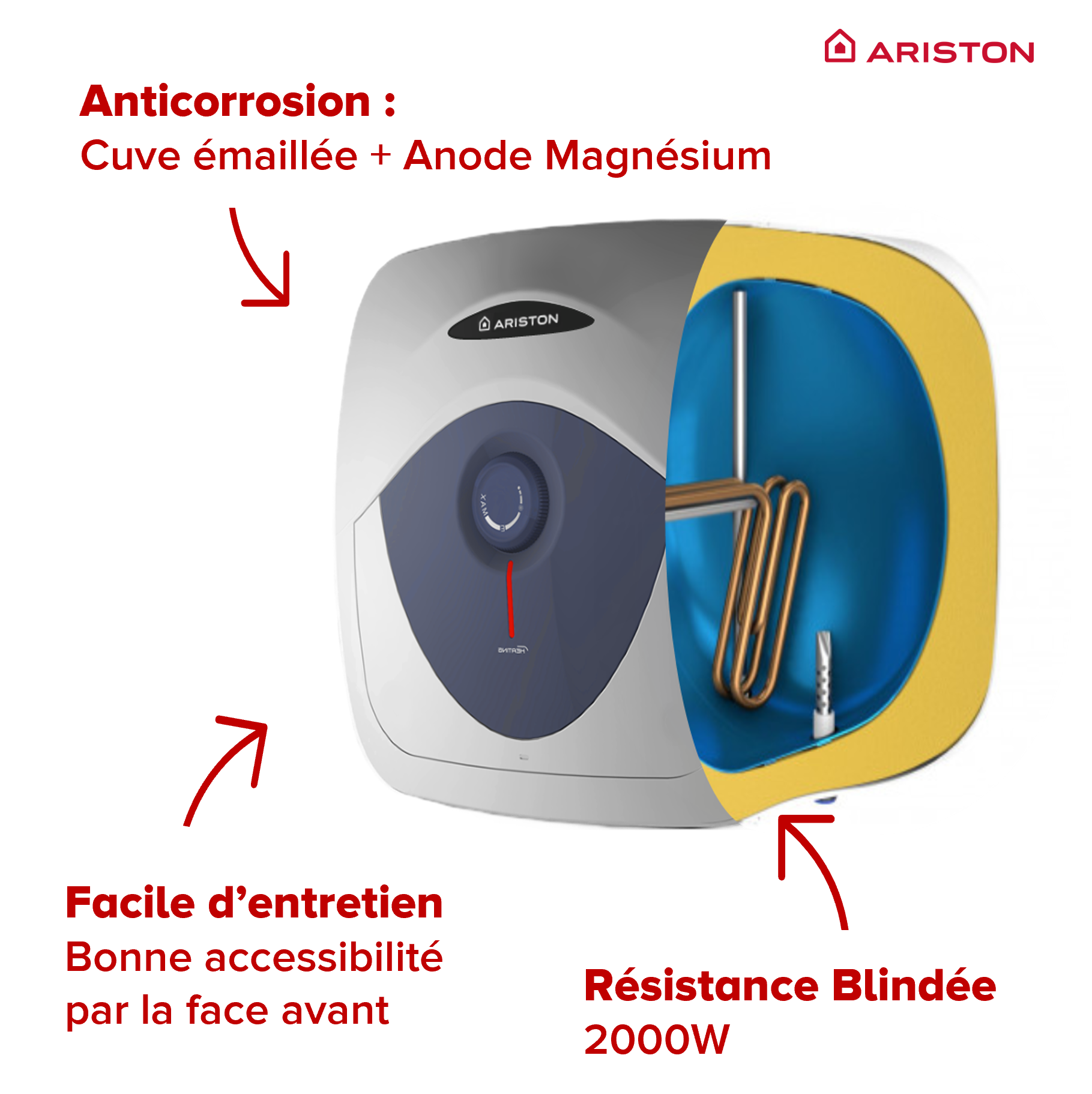 Chauffe-eau électrique à accumulation sur évier ARISTON Blu Evo RS 3100874 - 10 litres Puissance 2000W - 3