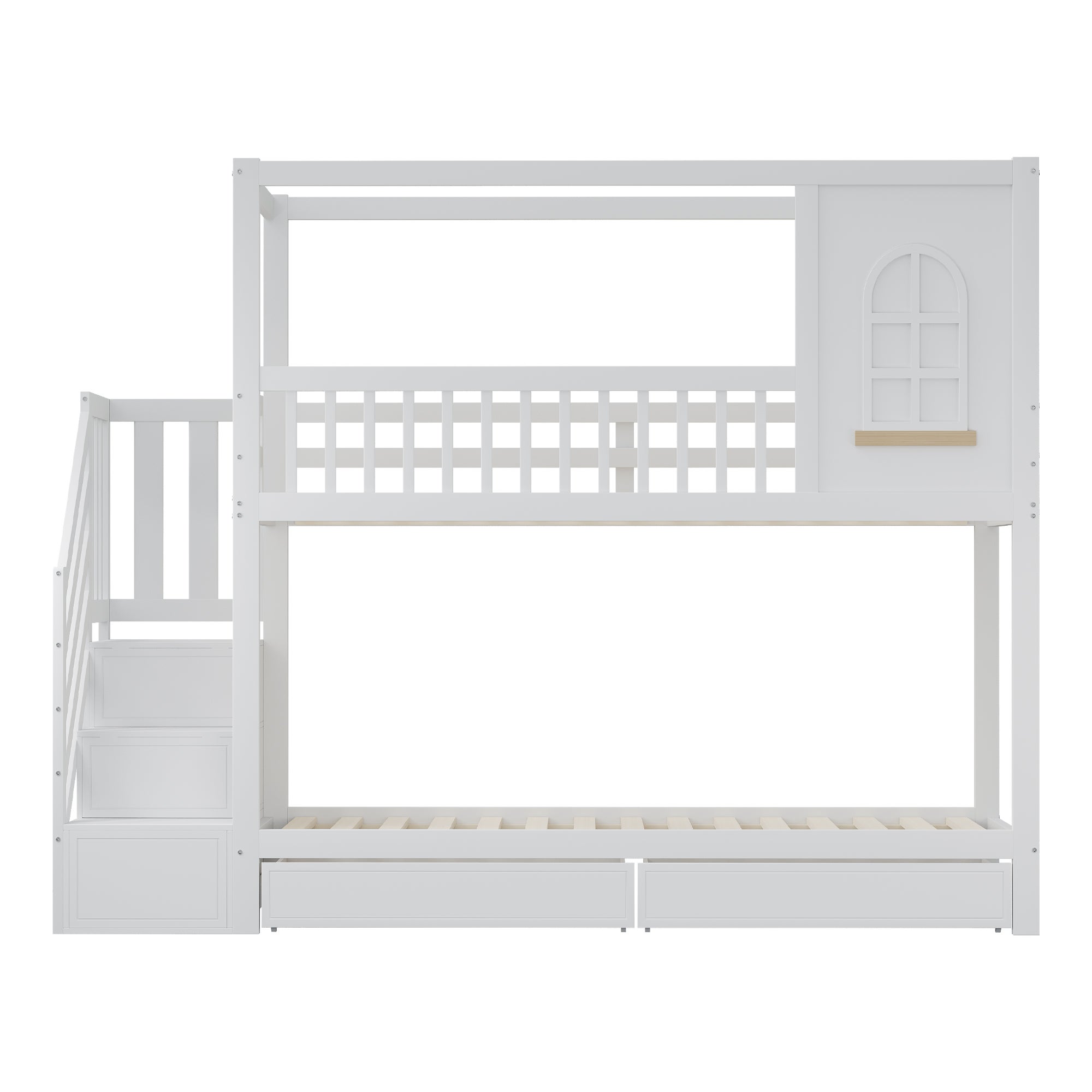 Lit superposé 90x200cm en bois massif - 2 tiroirs et escalier de rangement - Blanc - 6