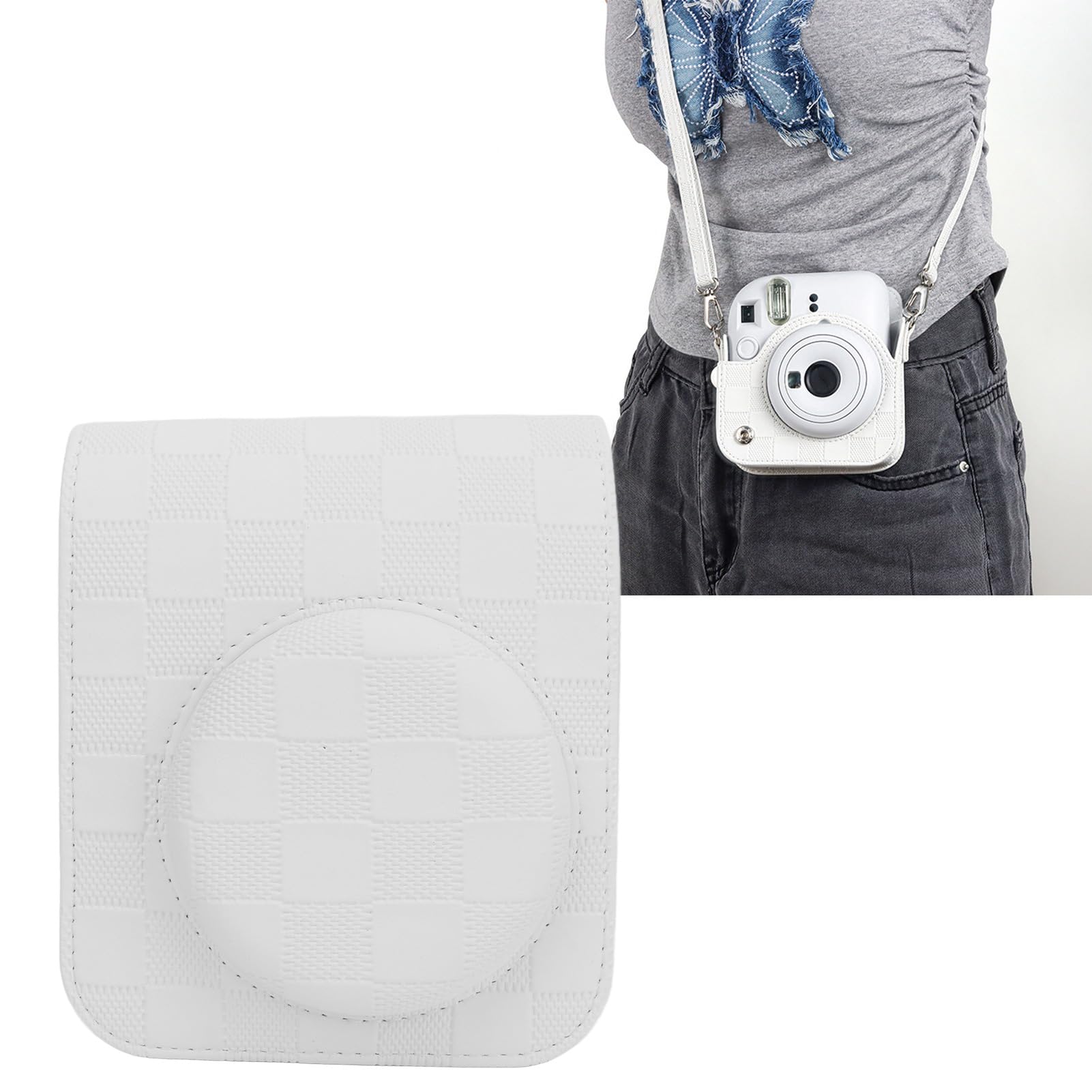 Custodia In Pelle Per Fotocamera Instax Mini 12 | Marrone Con Tracolla Regolabile | Copriobiettivo Rimovibile
