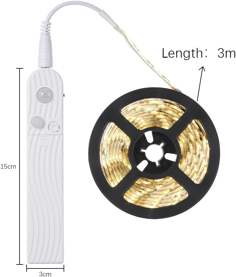 Tira de luz LED con sensor de movimiento, 3 m, funciona con pilas, con interruptor, autoadhesiva, cortable, resistente al agua, regulable para debajo - 2