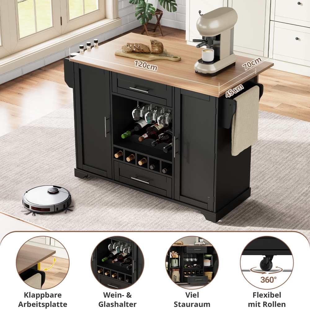 Carrello Isola Da Cucina Con Piano Pieghevole – 3 Ripiani, Portabottiglie E Portabicchieri, 120x45/70x92 Cm, Nero