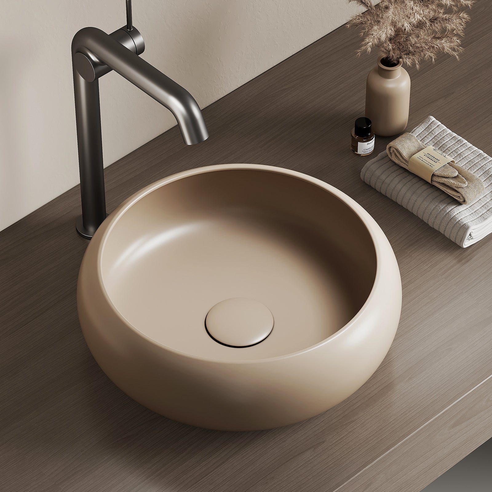 EMKE Okrągła Umywalka nablatowa 36x36x12 cm, Umywalka ceramiczna łazienkowa, montaż nablatowy, Matowy Beż