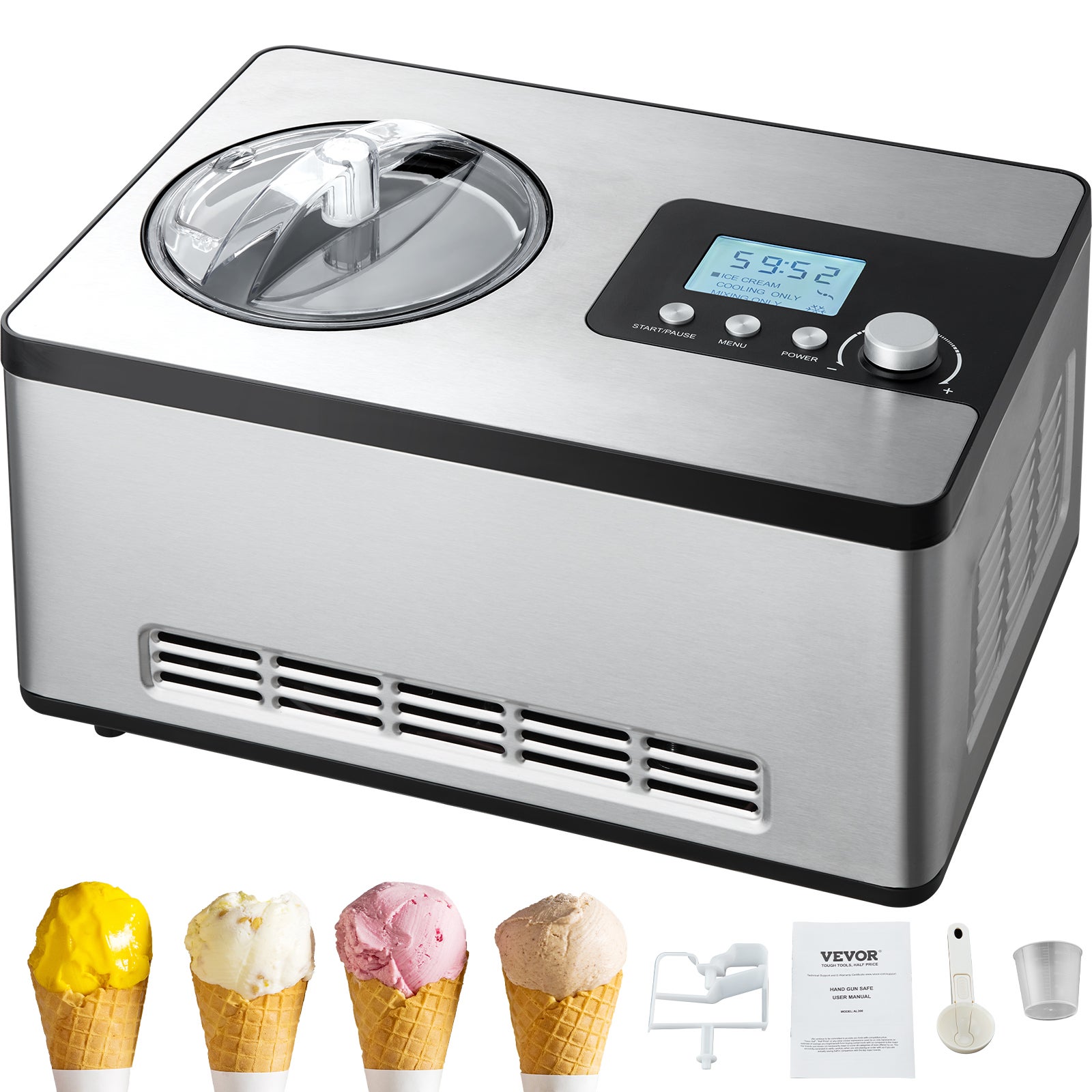 Elektryczna maszyna do lodów 2L Lody Mrożony Sorbet Jogurtowy Gelato ze stali nierdzewnej VEVOR