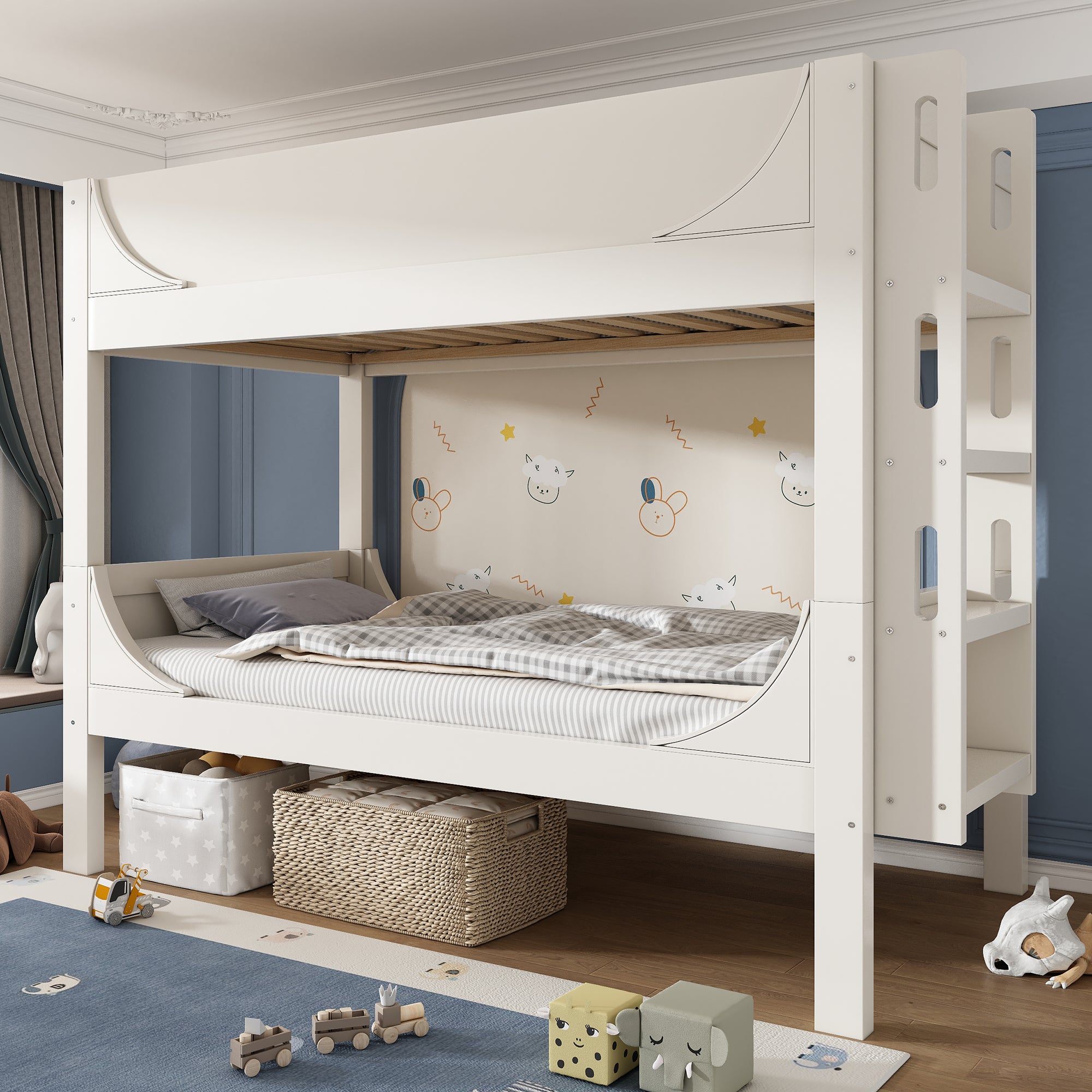 Łóżko piętrowe 90x200cm - z możliwością podziału na 2 łóżka pojedyncze - ze zdejmowaną drabinką - lite drewno + płyta MDF - białe (bez materaca)