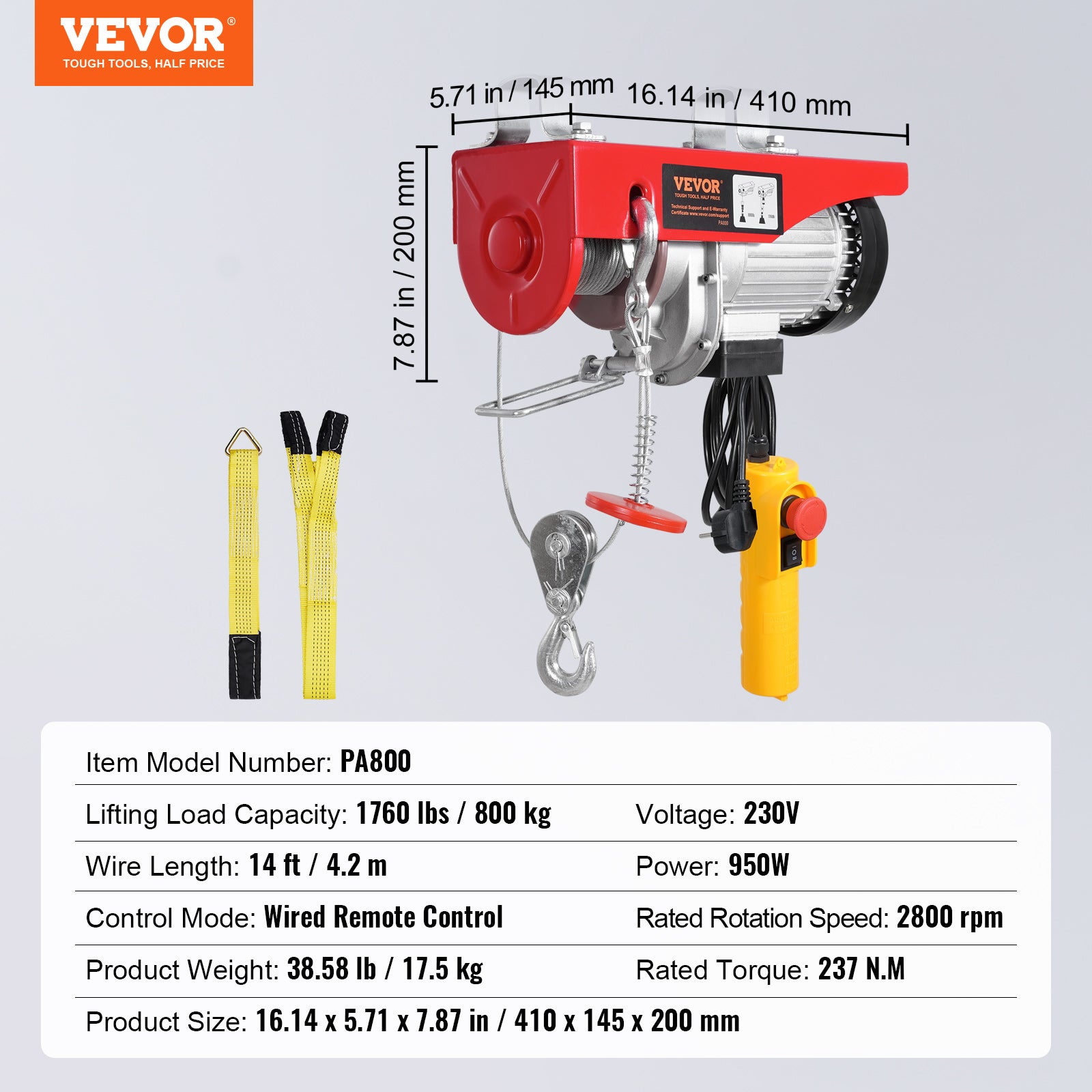 Palan électrique,VEVOR capacité de charge double câble 800kg,télécommande filaire 4,2m,hauteur de levage simple câble 12m,arrêt d'urgence - 7