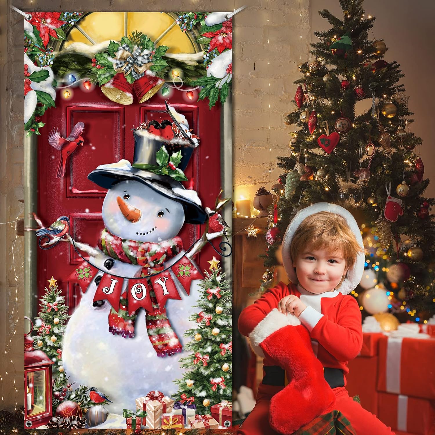 Cubierta para puerta con muñeco de nieve navideño, banderín navideño para la puerta principal, fondo navideño, decoración navideña para puerta - 3