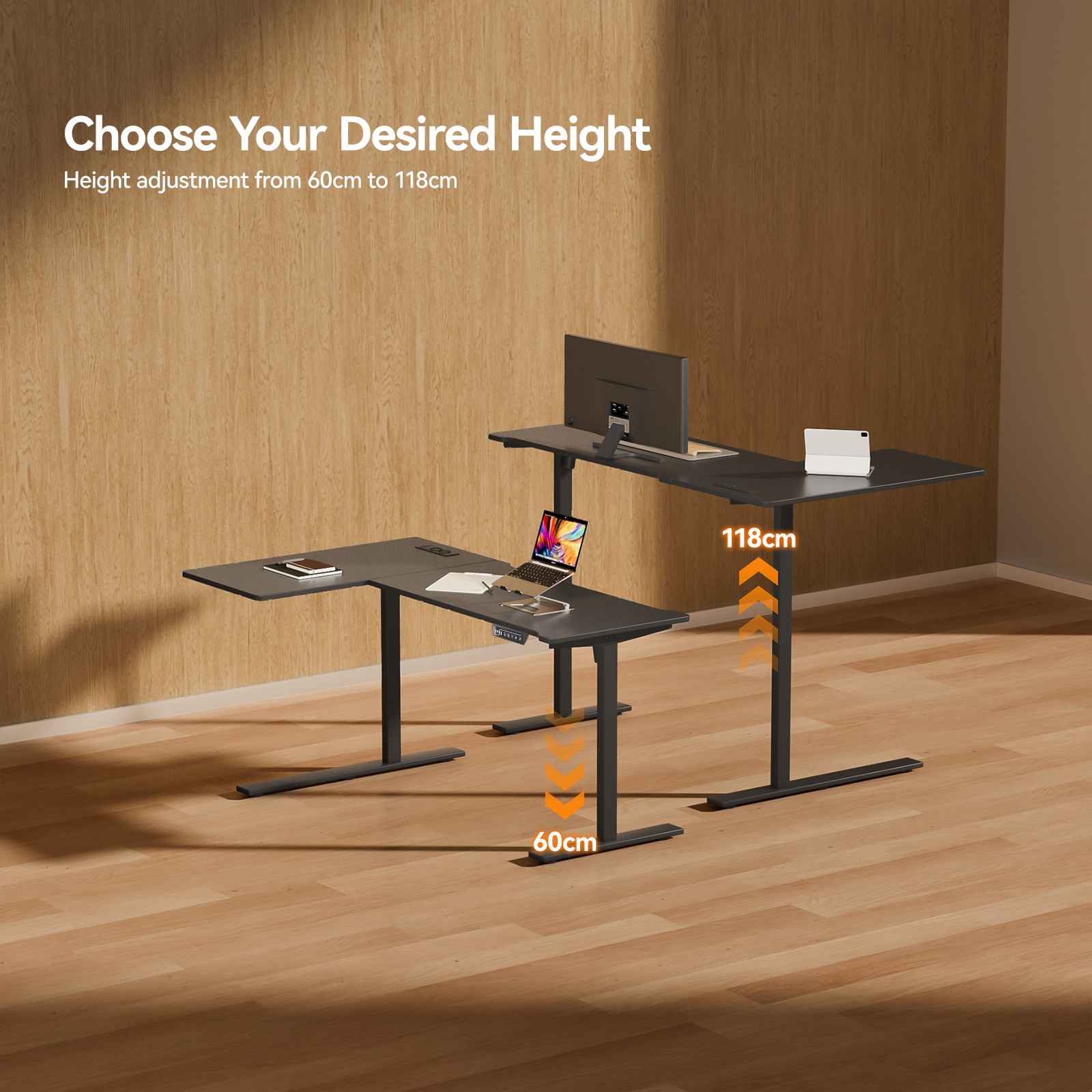 Bureau debout en L avec prises, bureau d’angle électrique réglable en hauteur avec support écran, bureau ergonomique maison pour travail et gaming - 5