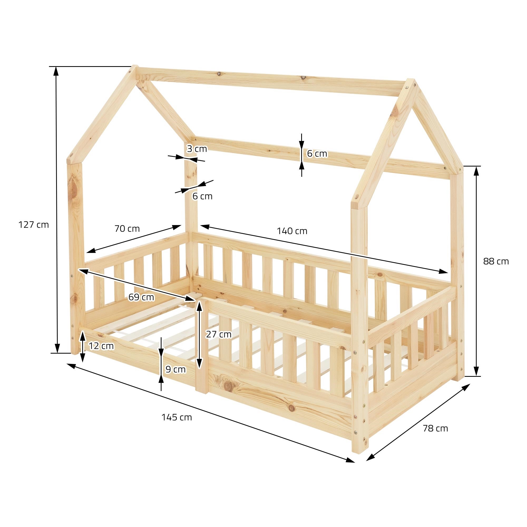 Lit cabane enfant 70x140 cm naturel en bois massif avec matelas, protection antichute, toit et sommier à lattes, couchage maisonnette - 8