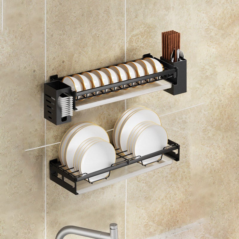 Zestaw 2 półek ściennych bez wiercenia na miski i talerze - Ociekacz do naczyń ze stali czarnej, pojemność 10 misek, 44×15×6 cm