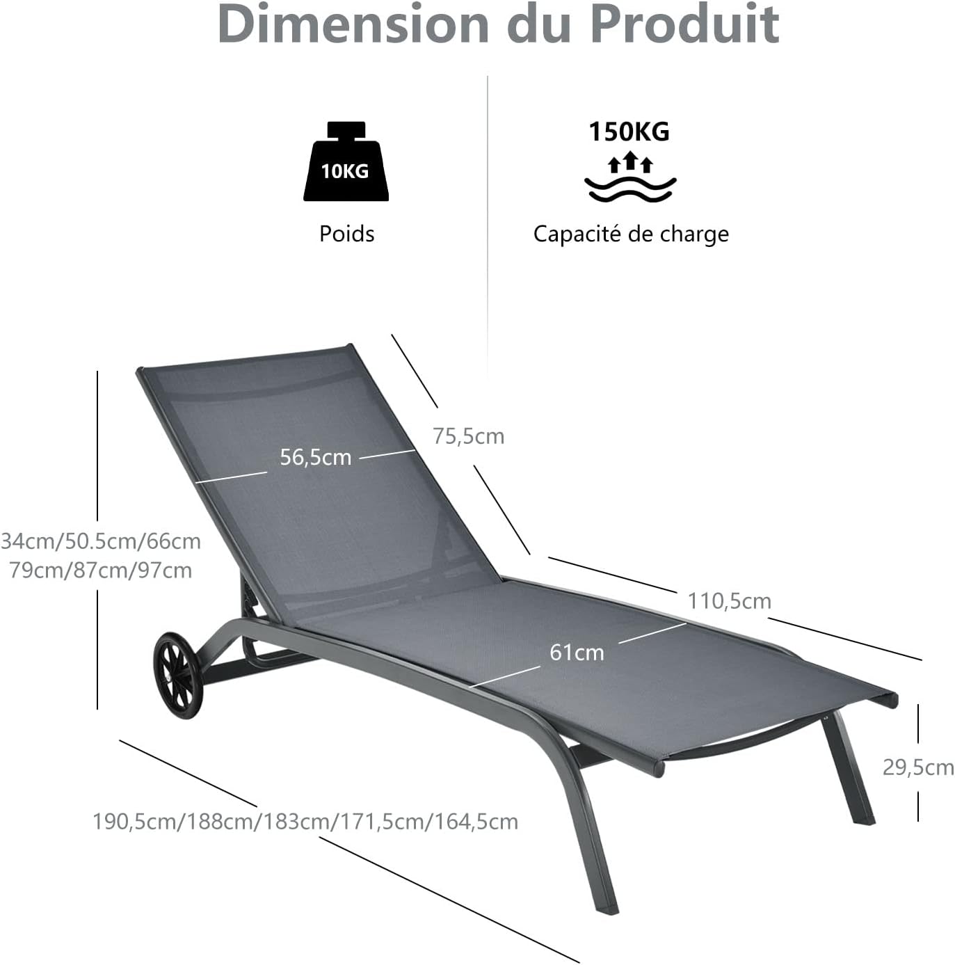 Bain de Soleil Inclinable à Dossier 6 Niveaux, Transat Jardin Exterieur avec Roues, Auvent Réglable, Charge 150 KG (Gris,Style 2) - 5