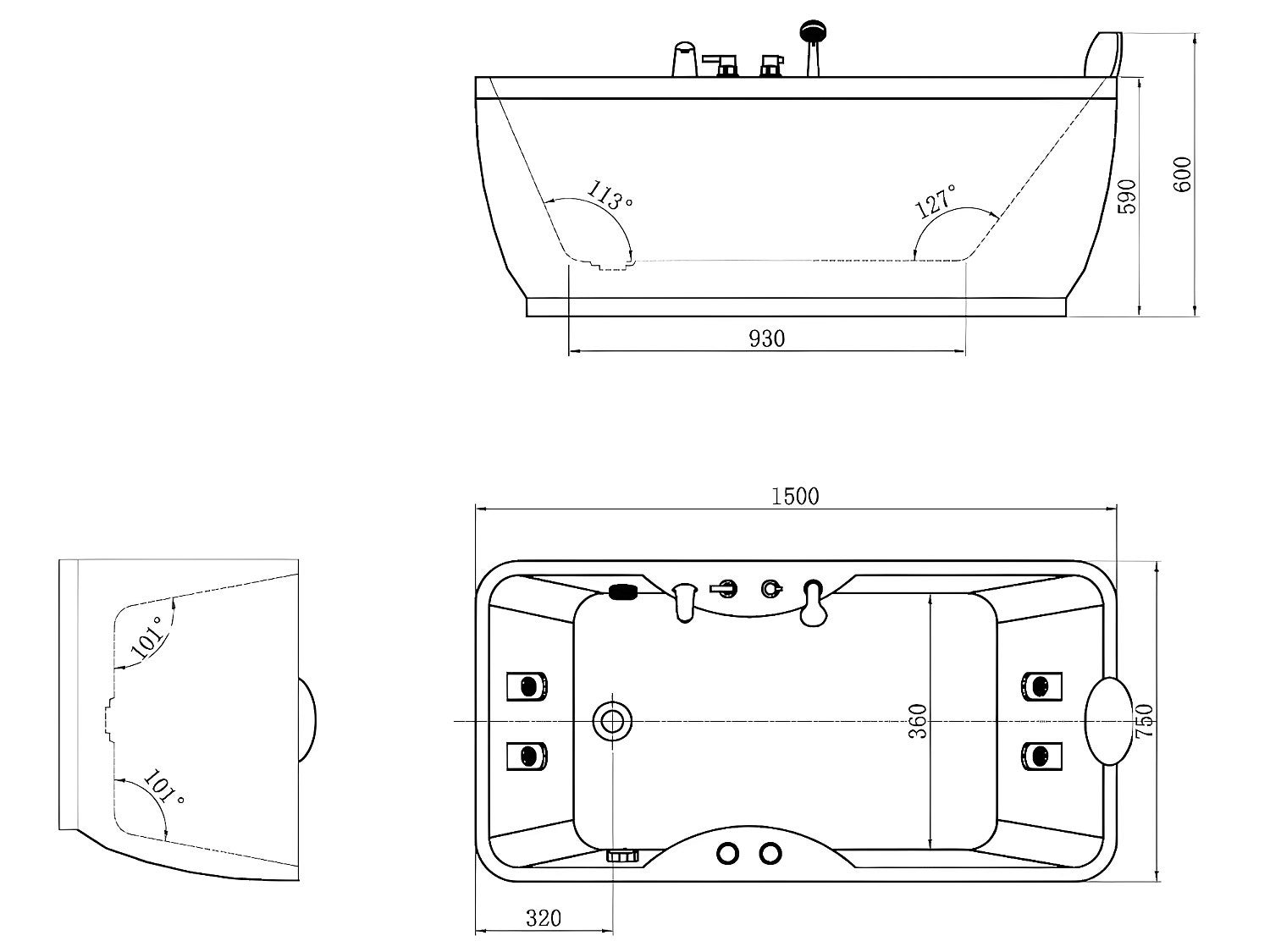 Baignoire balnéo noire - 1 place - 140L - 150 x 75 x 54,5 cm - Angle droit - GAVINO - 5
