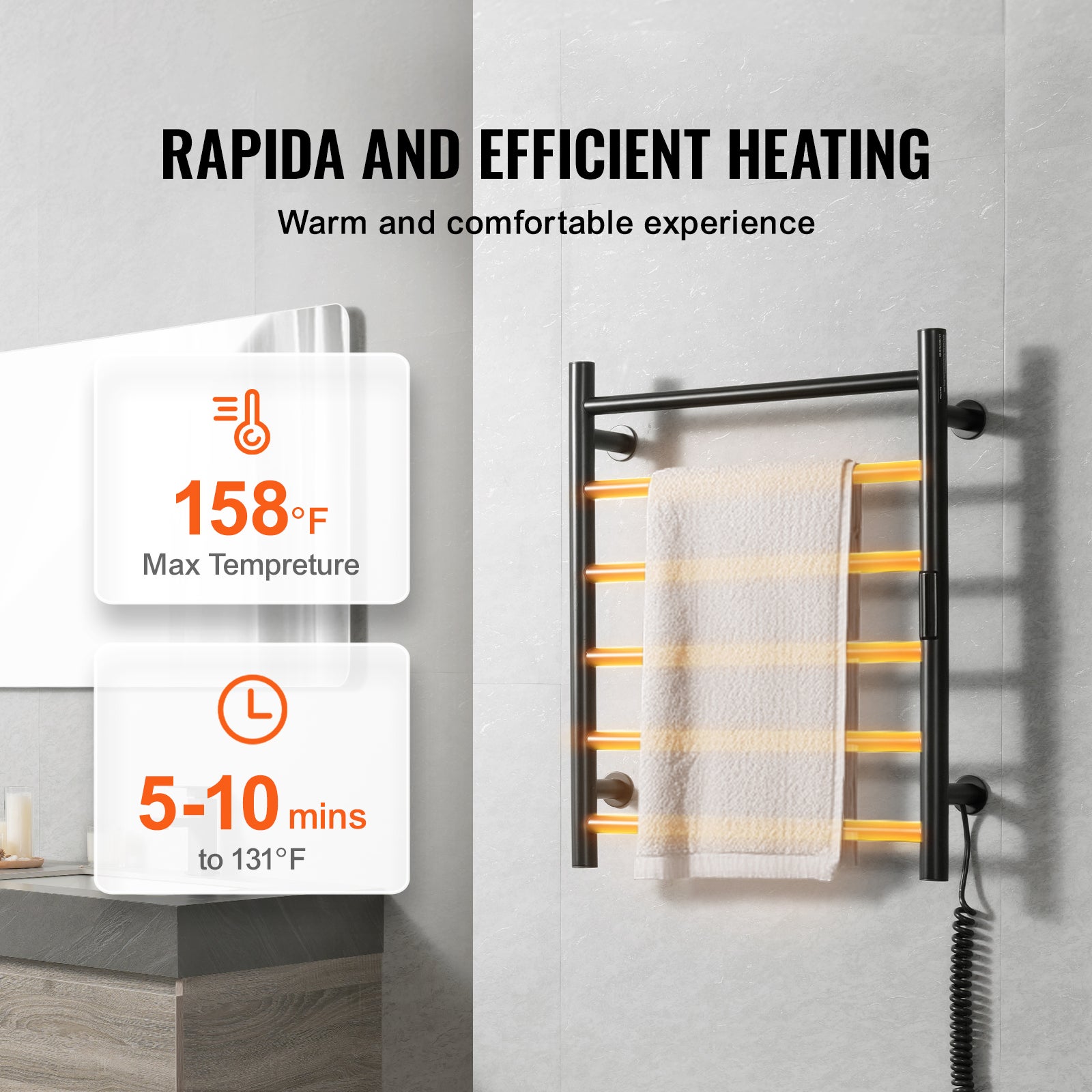 Toalheiro aquecido 6 barras 145W, toalheiro montado na parede com temporizador, display LED, IPX5 à prova d'água, 5 níveis calor ajustáveis SucceBuy - 4