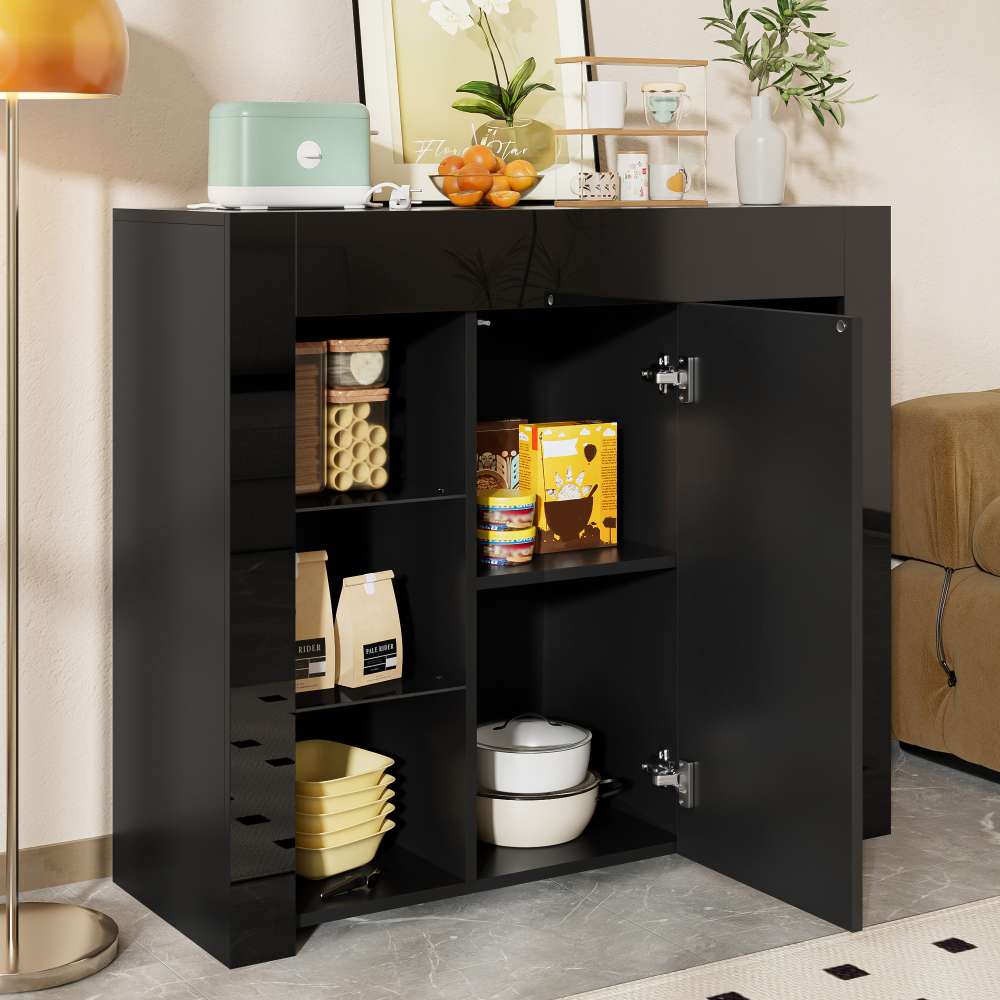 Nowoczesny bufet z błyszczącym wykończeniem i szklanymi półkami – kompaktowy i elegancki mebel do przechowywania 95x35x83 cm do salonu - 3