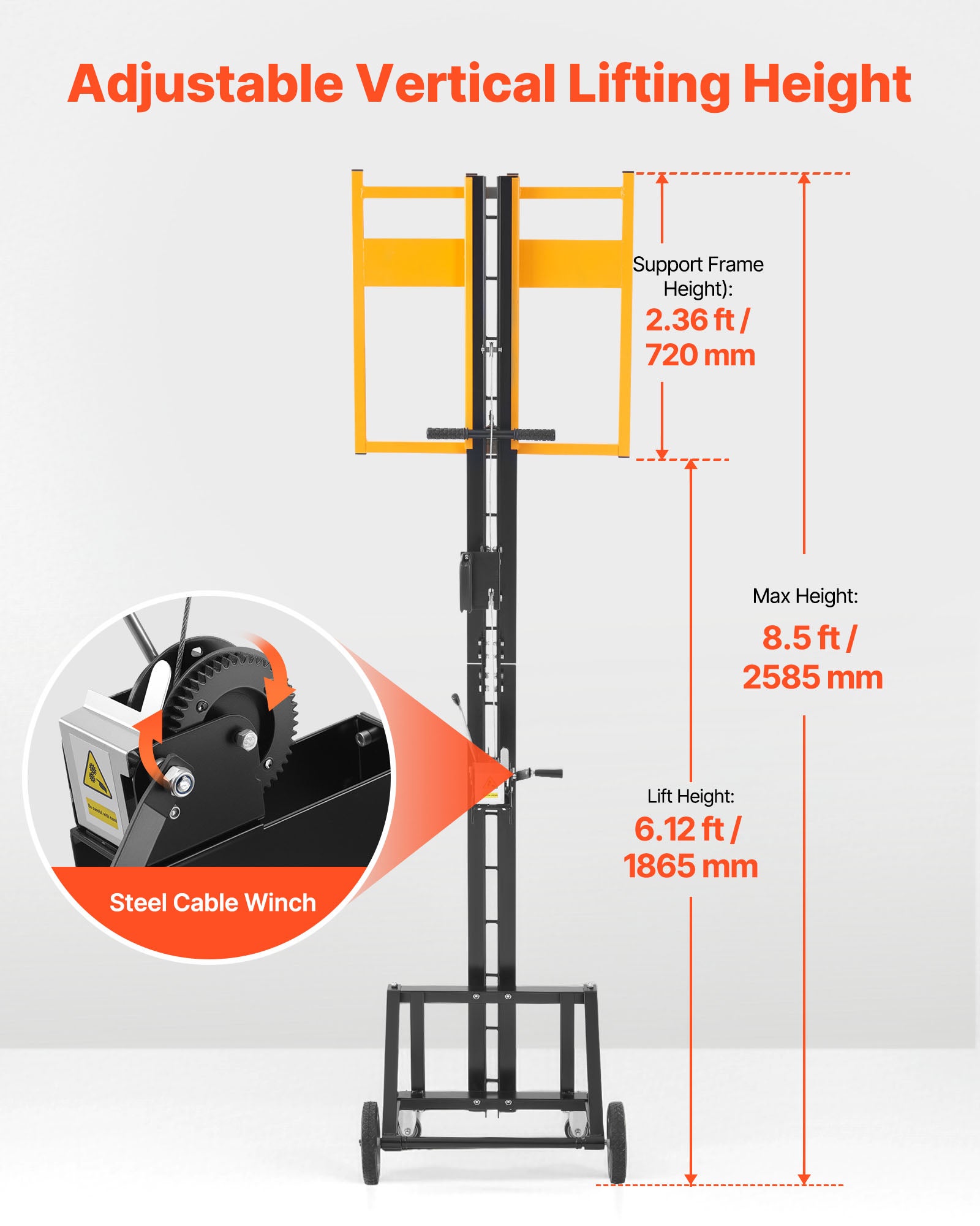 Elevador painéis VEVOR, capacidade 68 kg, para instalação em tectos e paredes, elevação painéis até 4 x 4,9 m, com rodízios, fácil transporte, amarelo - 3