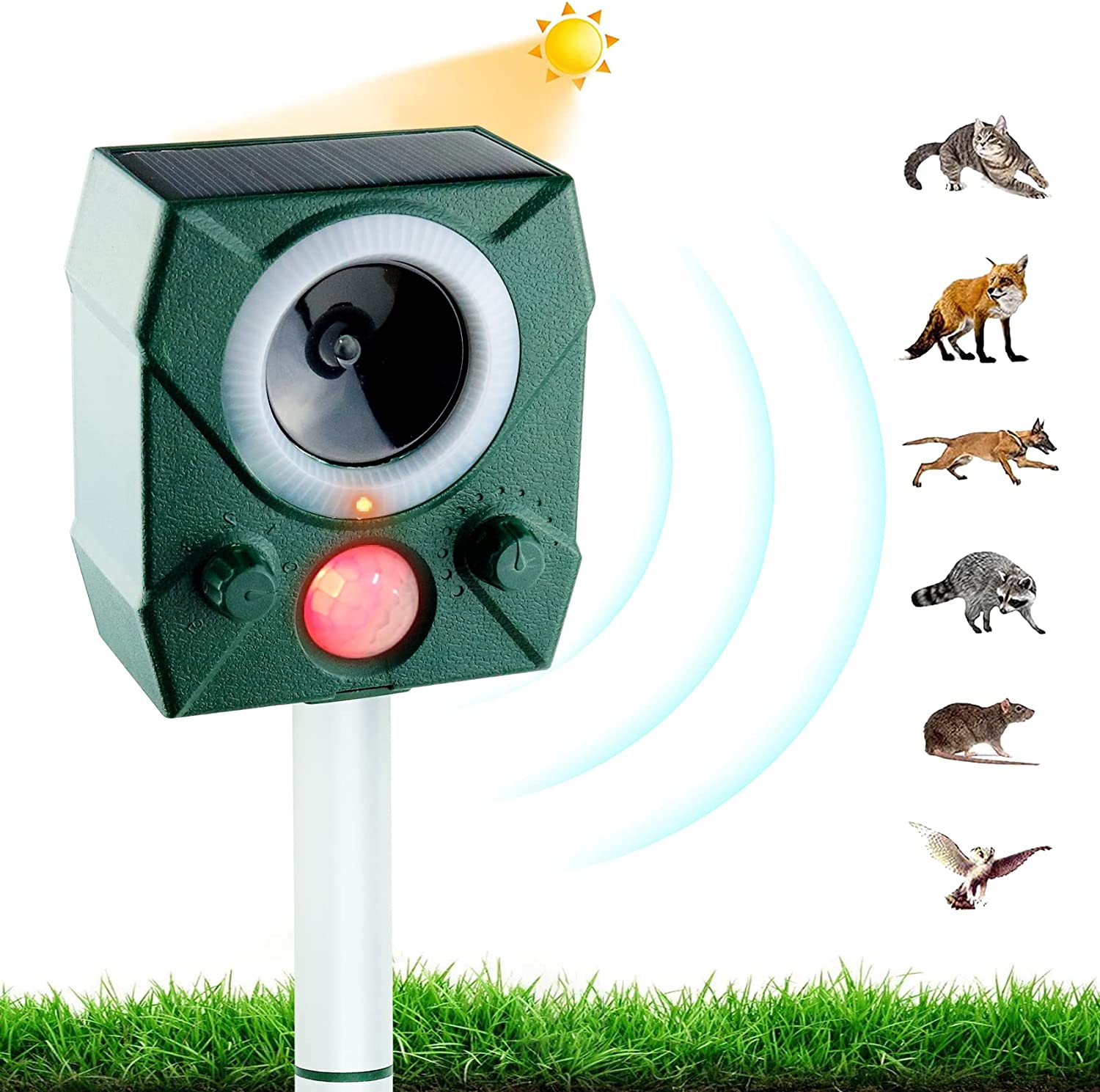 Repellente per gatti da esterno, repellente per gatti a ultrasuoni, 6 modalità regolabili, ricarica solare e USB, impermeabile IP66, con luce LED | Leroy Merlin
