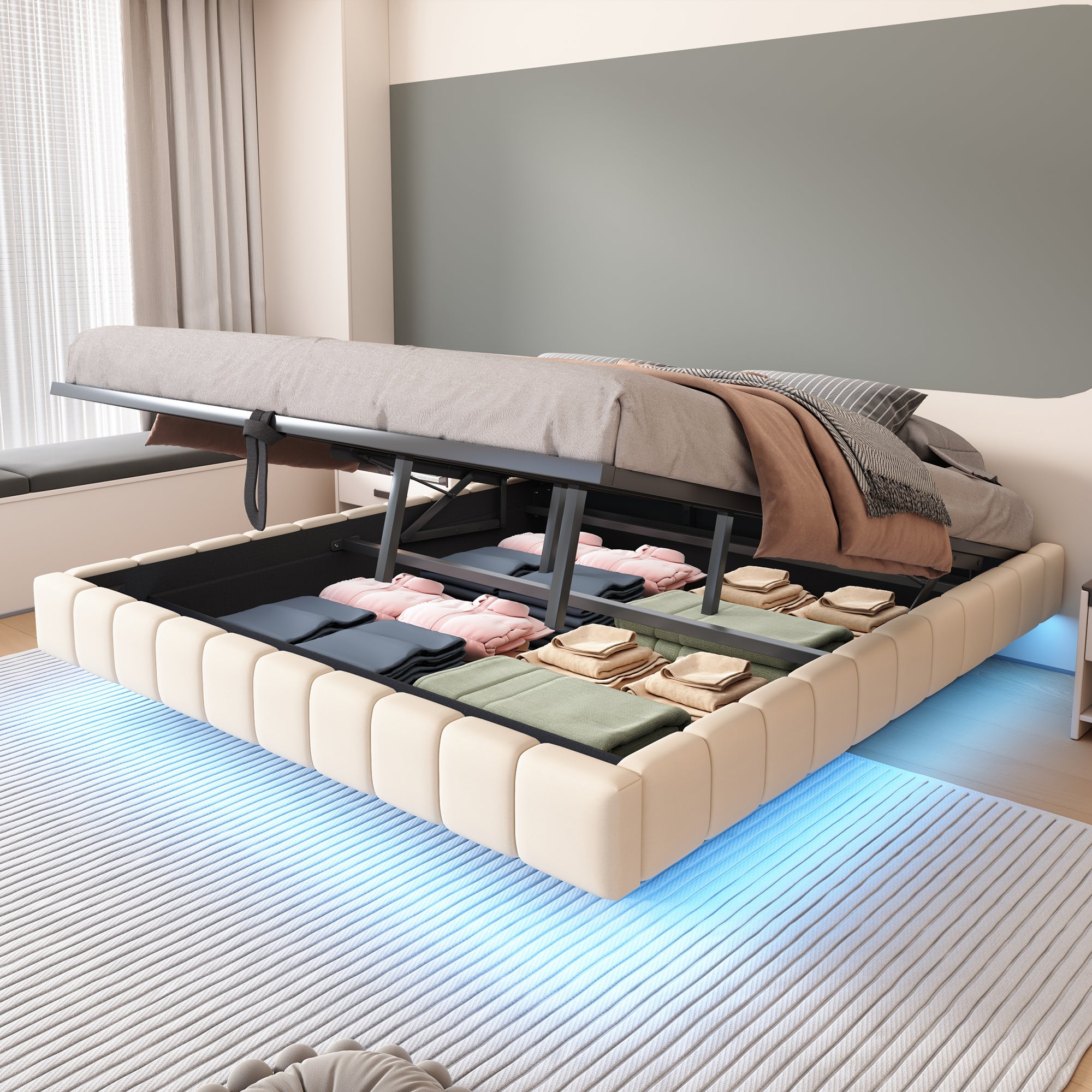 Łóżko Tapicerowane Pływające 180x200 cm z Hydraulicznym Pojemnikiem na Pościel i Oświetleniem LED, Bez Wezgłowia, Len Beżowy