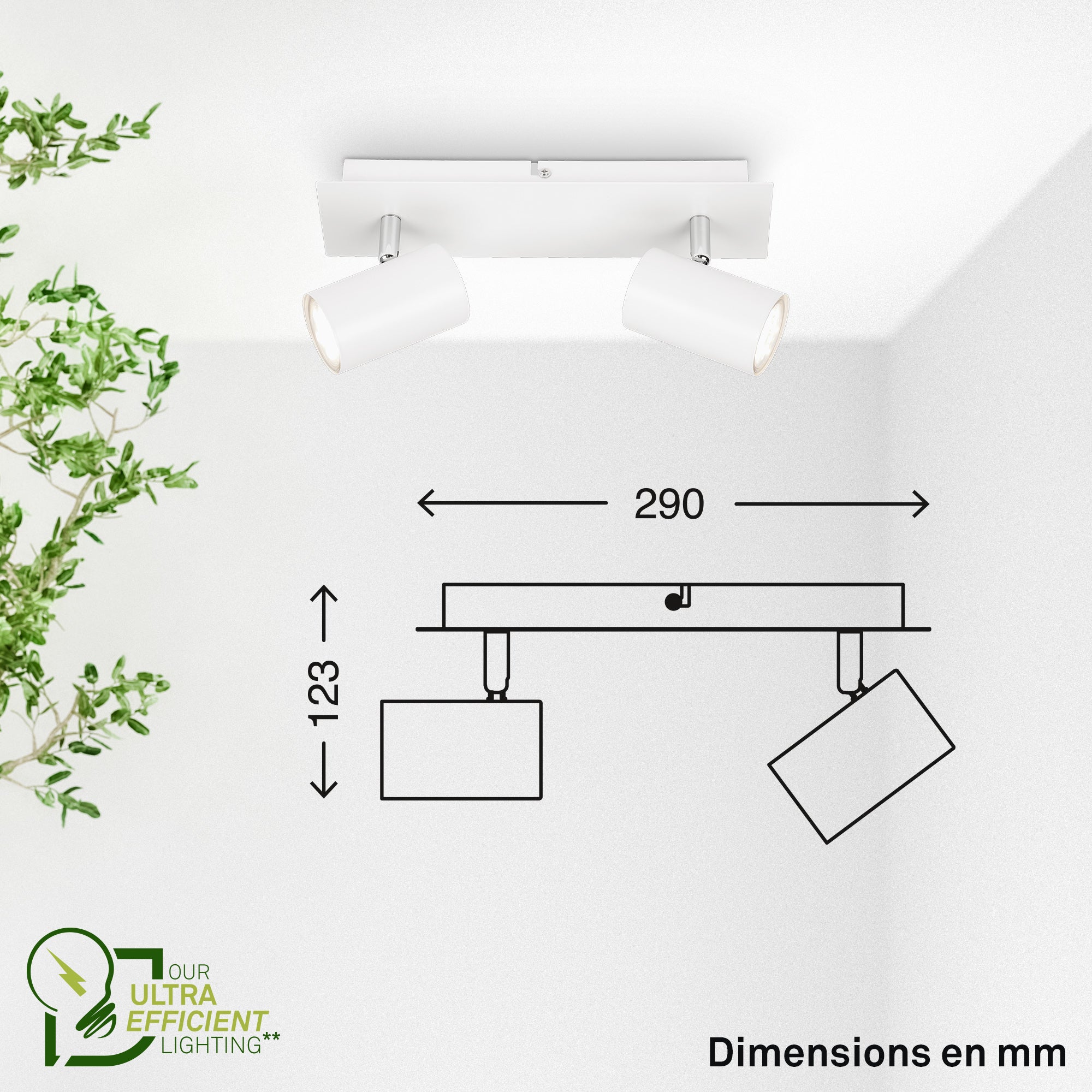 Spot LED 2-flammes - Classe d'efficacité énergétique A - IP20 - 290x80x125mm - Blanc - 3.000K - 2x2W / 450lm - Briloner - 9