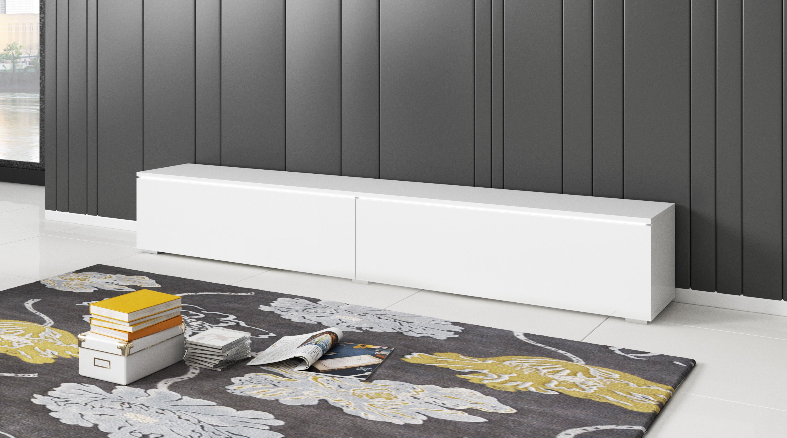 Meuble TV Lowboard D180 Blanc/Blanc brillant, Nombre de portes : 2, 180x30x33 cm - 5