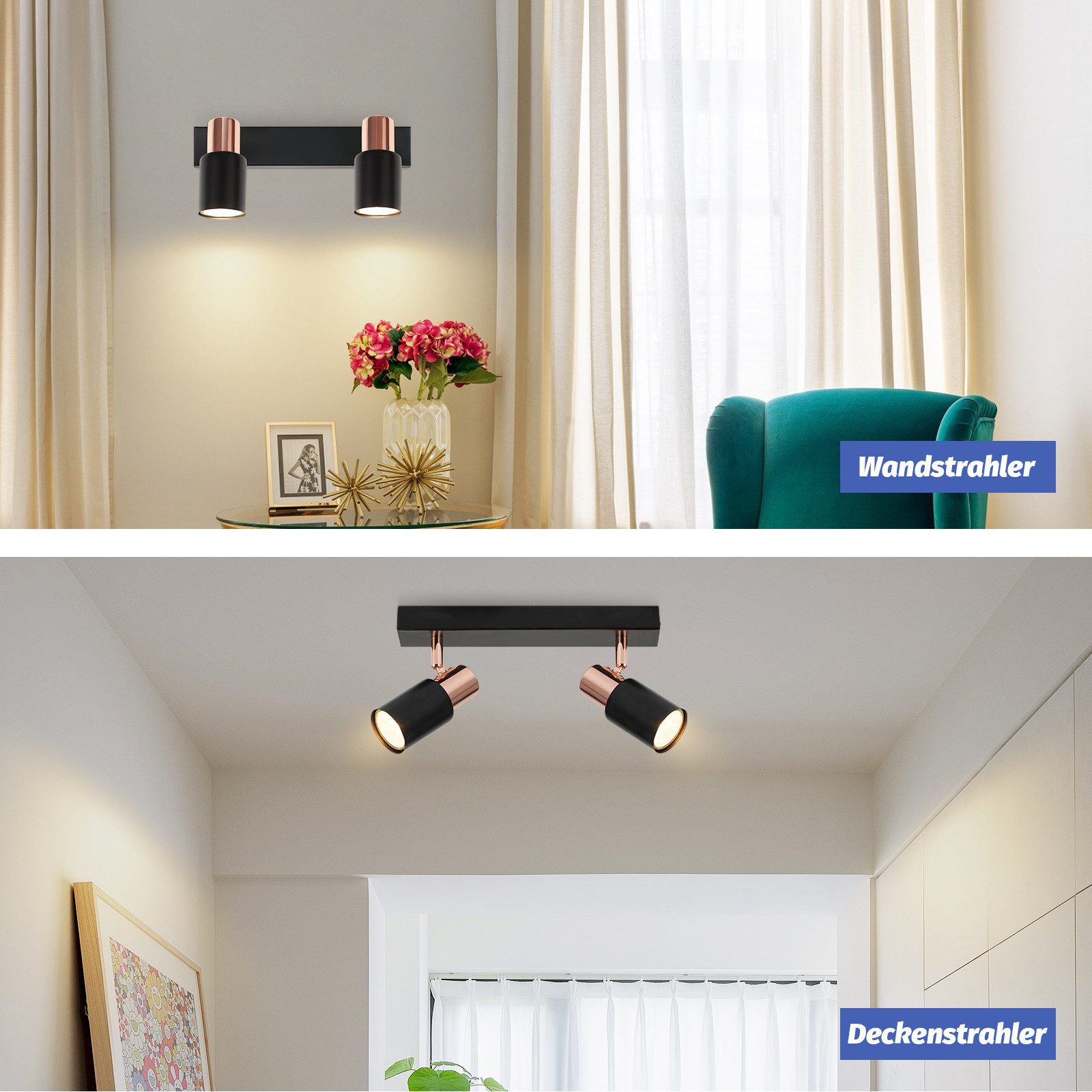 NETTLIFE Foco de techo negro GU10-2 Lámpara de cocina con llama giratoria de 355° industrial moderna - 6