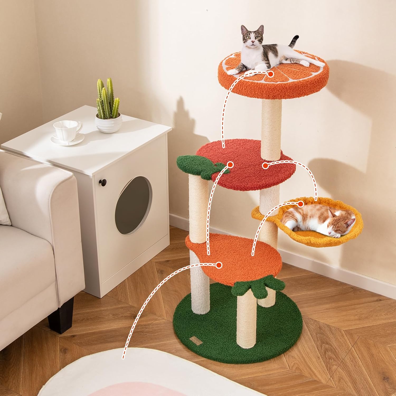 Arbre a Chat Bois 99,5 cm, Arbre a Chat Design à 4 Niveaux, 4 Poteaux à Griffer en Sisal, 4 Plateformes, Polaire Teddy, 48,5 x 48,5 x 99,5 cm - 4