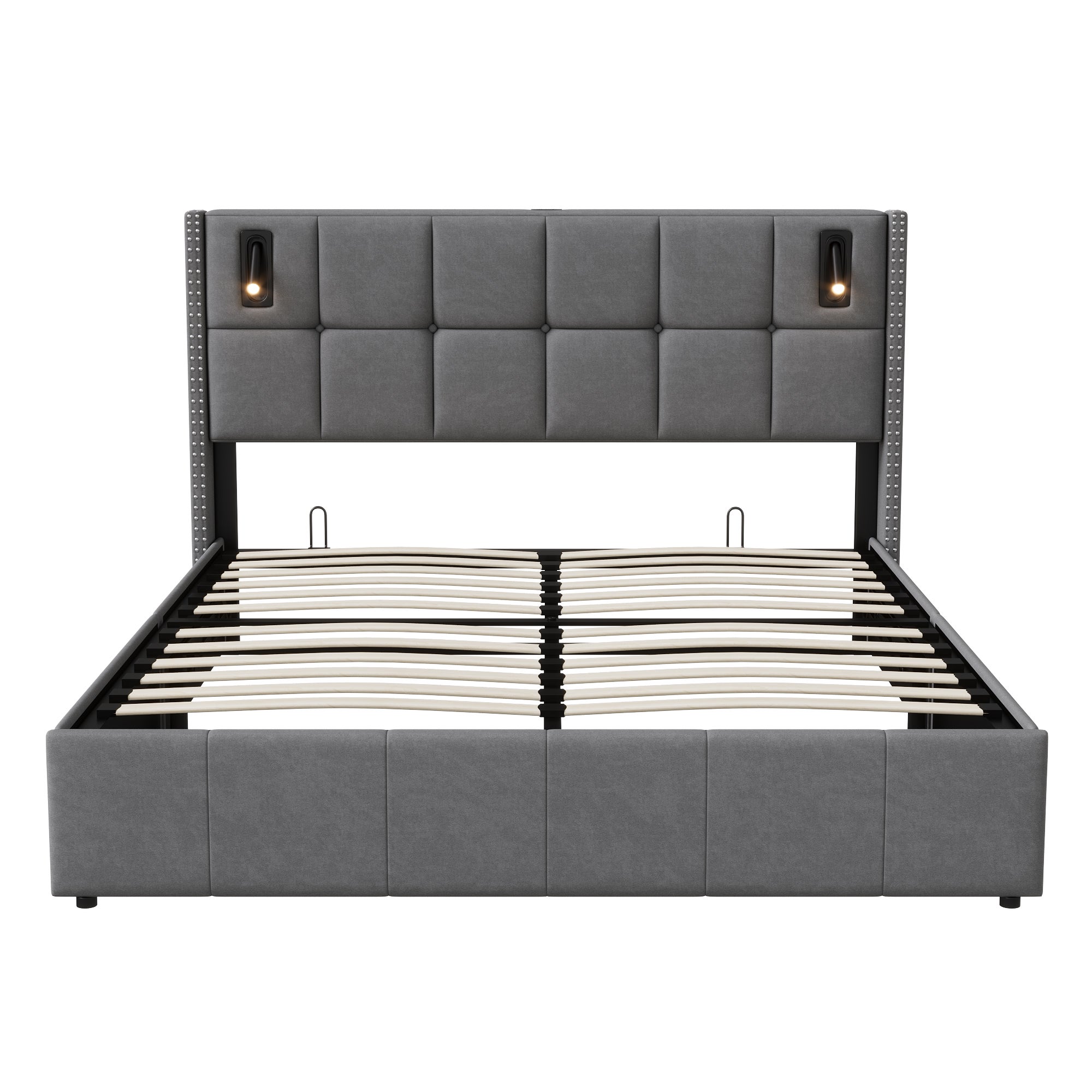 Lit Rembourré 140x200cm avec sommier à lattes & liseuses, lit coffre lit double, velours, gris - 6