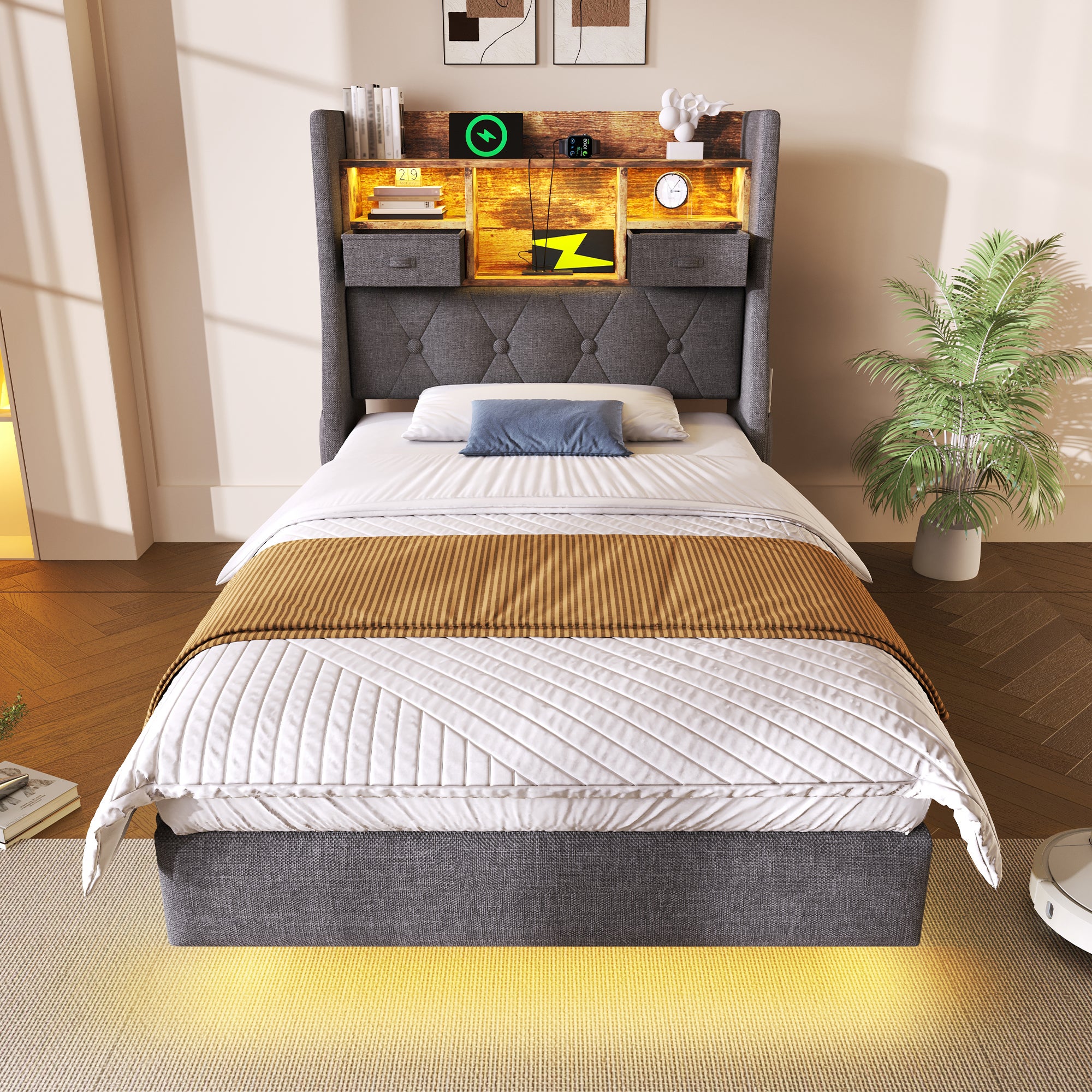 Łóżko tapicerowane 90 x 200 cm z zagłówkiem ze schowkiem - Gniazdo USB i typu C - Tkanina lniana - Diody LED - Szare (bez materaca) - 8
