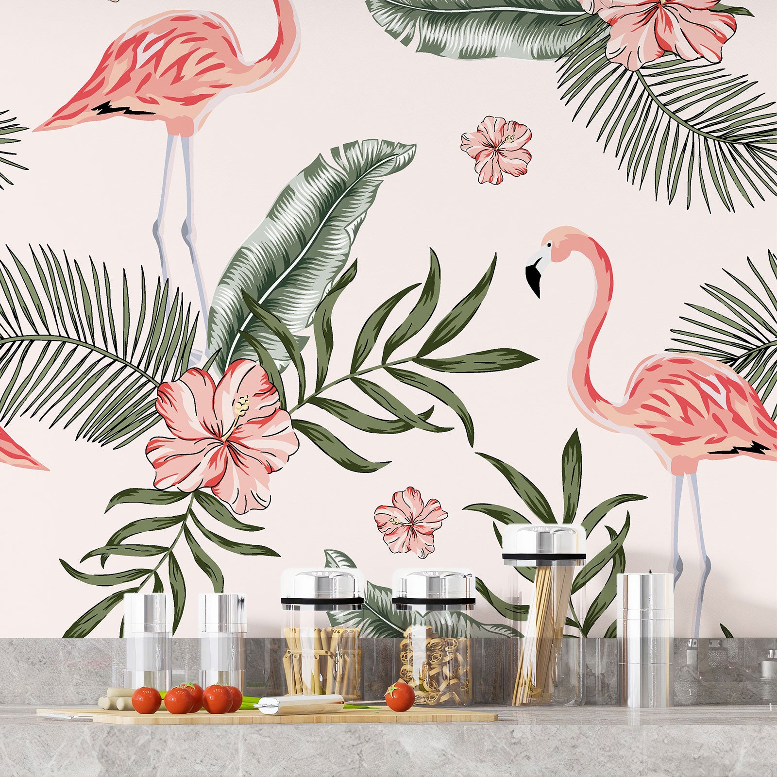 Crédence adhésive sticker décoratif pour cuisine - Flamants roses - Adhésif + Protection MATE - 60x60 cm - 4