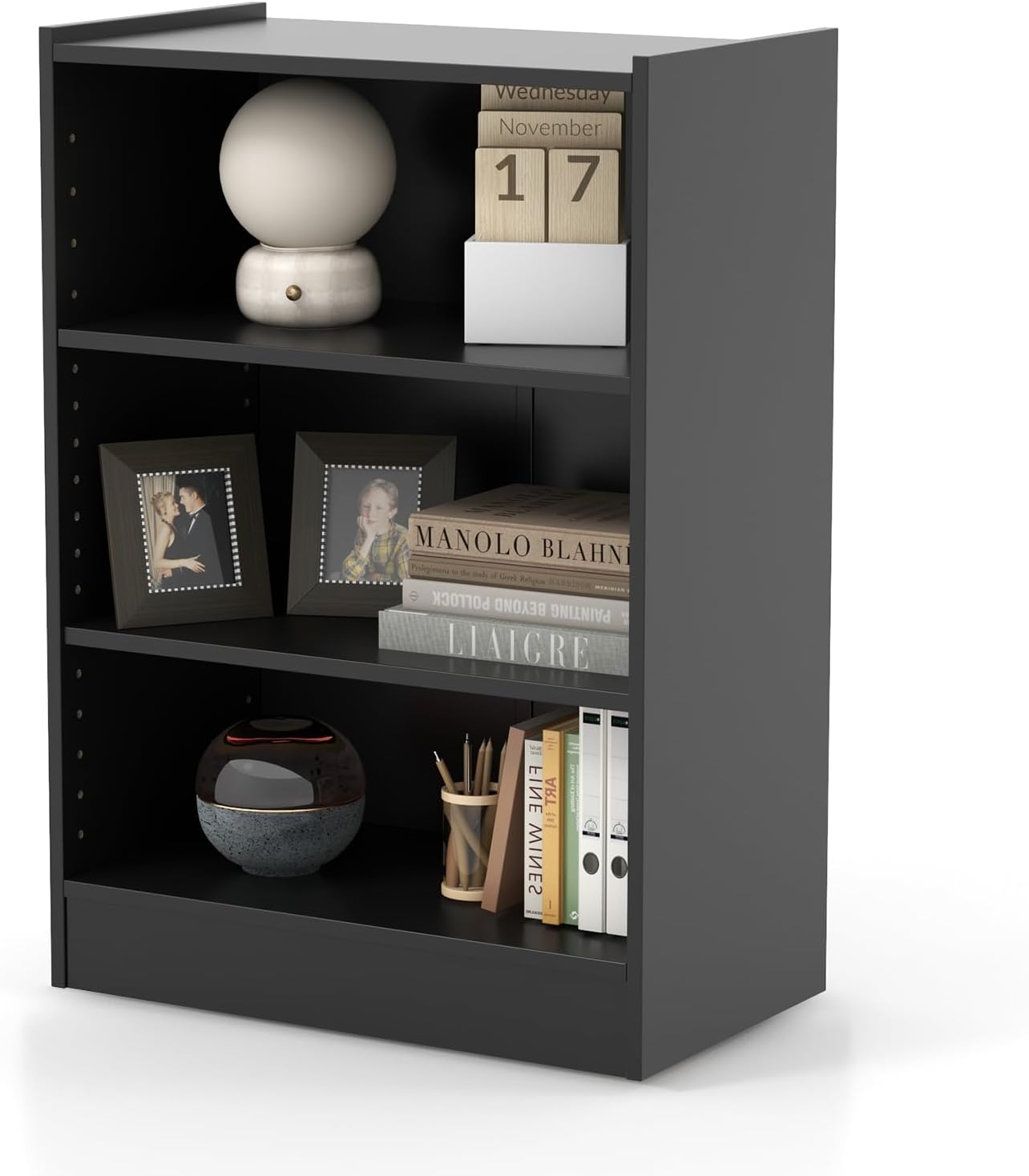 Szafka z 3 Półkami – Biblioteczka z 2 Regulowanymi Regałami – Zabezpieczenie przed Przewróceniem w Zestawie – 50 × 30 × 75 cm, Czarna
