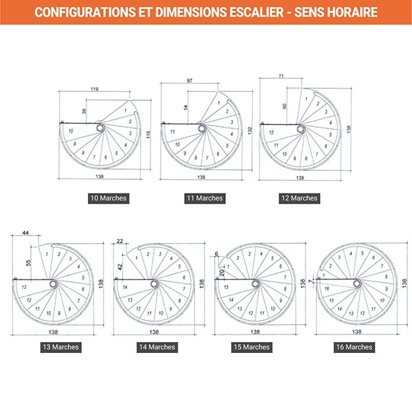 Escalier colimaçon 10 marches - Hauteur à franchir 2.05 à 2.40m - Diamètre 138cm - Bois et blanc - Sens horaire - HOOP138/BB-H-10 - 5