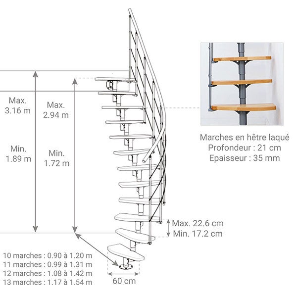 Escalier droit 12 marches - Hauteur à franchir 2.23 à 2.94m - Largeur 65cm - Structure noire et marche hêtre - NIZZA60/I/NH-12 - 2