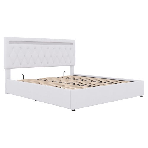 Łóżko tapicerowane 180 x 200 cm, łóżko dwuosobowe z miejscem do przechowywania i portami USB i Type-C, białe - 9