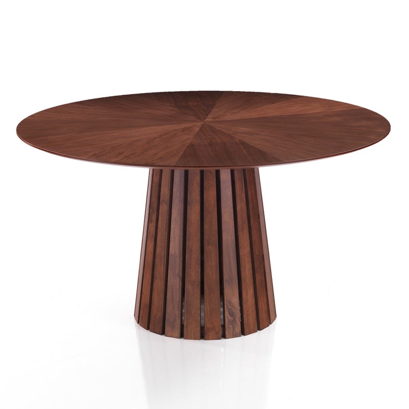 Stół okrągły VOLGA WALNUT – lite drewno orzechowe, MDF, wys. 75 cm, śr. 137 cm, 6 miejsc, do jadalni