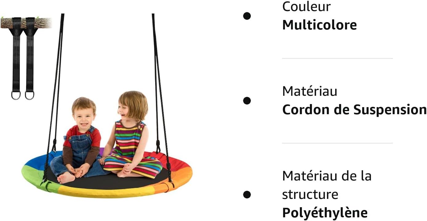 Balançoire Nid d’Oiseau Rond pour Enfant, Adulte Ø100CM avec Cordes de Suspensions Réglables 100-160 CM(Coloré, Cordon de Suspension) - 5
