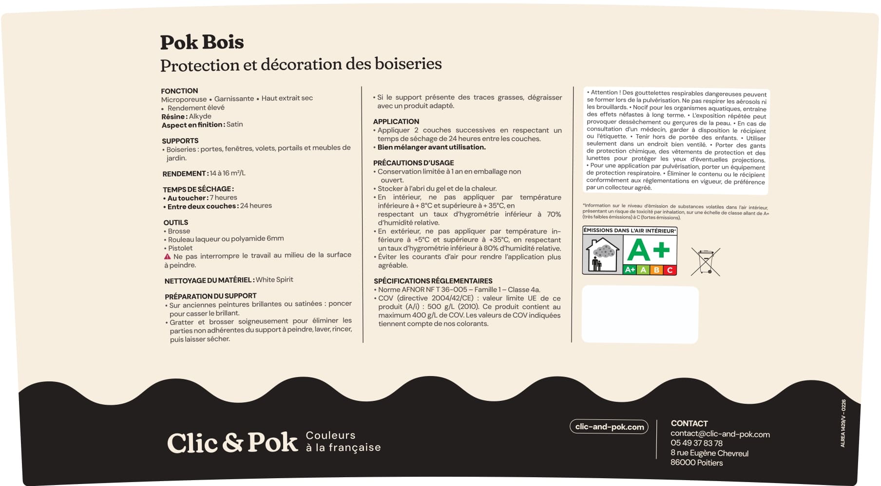 POK BOIS Peinture Bois Extérieur Intérieur – Satinée, Résistante Intempéries UV, Multisupport - 1L - RAL 9010 - Blanc Pur - 8