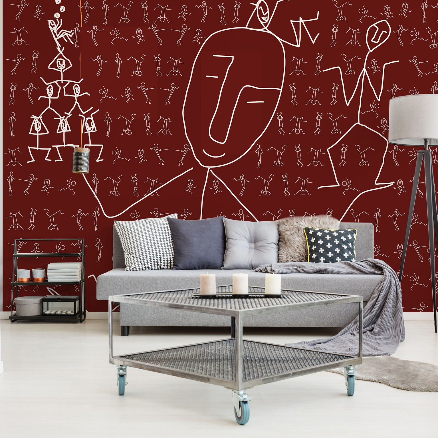 Papelera panorámica asegurada, arte de línea, arte primitivo, límites de dibujo para una decoración gráfica contemporánea, 270 cm x 250 cm