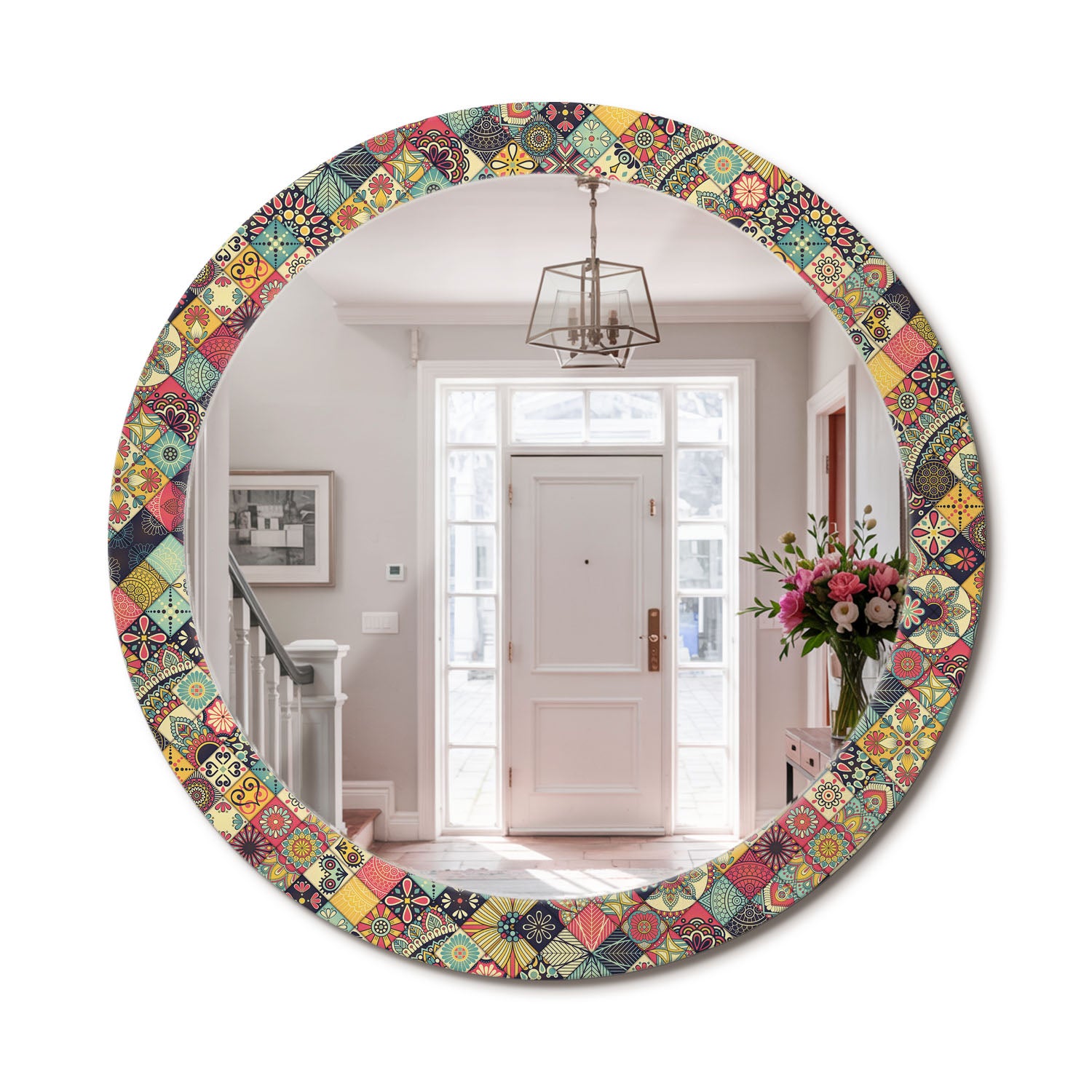Espejo redondo decorativo con marco de vidrio templado e impresión moderna patchwork de azulejos - 80 cm - artprintcave