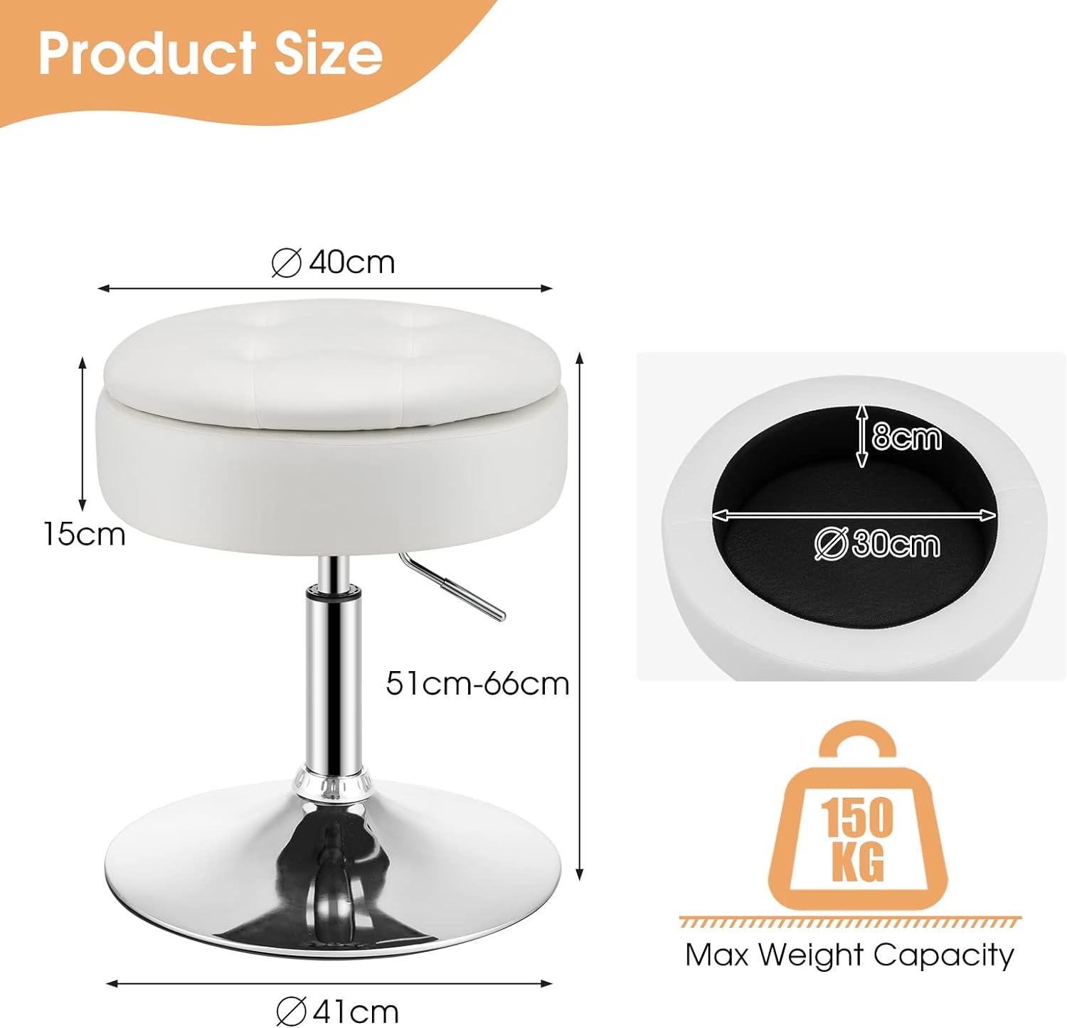 Tabouret de Coiffeuse Capitonné, Pouf de Rangement d'appoint avec Couvercle Réversible, Chaise de Maquillage Pivotante à 360° (Blanc) - 5