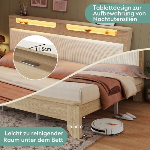 Lit adulte Lit double 180x200 cm avec tête de lit rangement et éclairage LED - Rétro en tissu - Structure bois -beige - 7