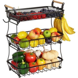 Cestino Sospeso A 3 Ripiani In Ferro: Portafrutta E Verdura Pieghevole, Bianco, Salvaspazio Per Cucina