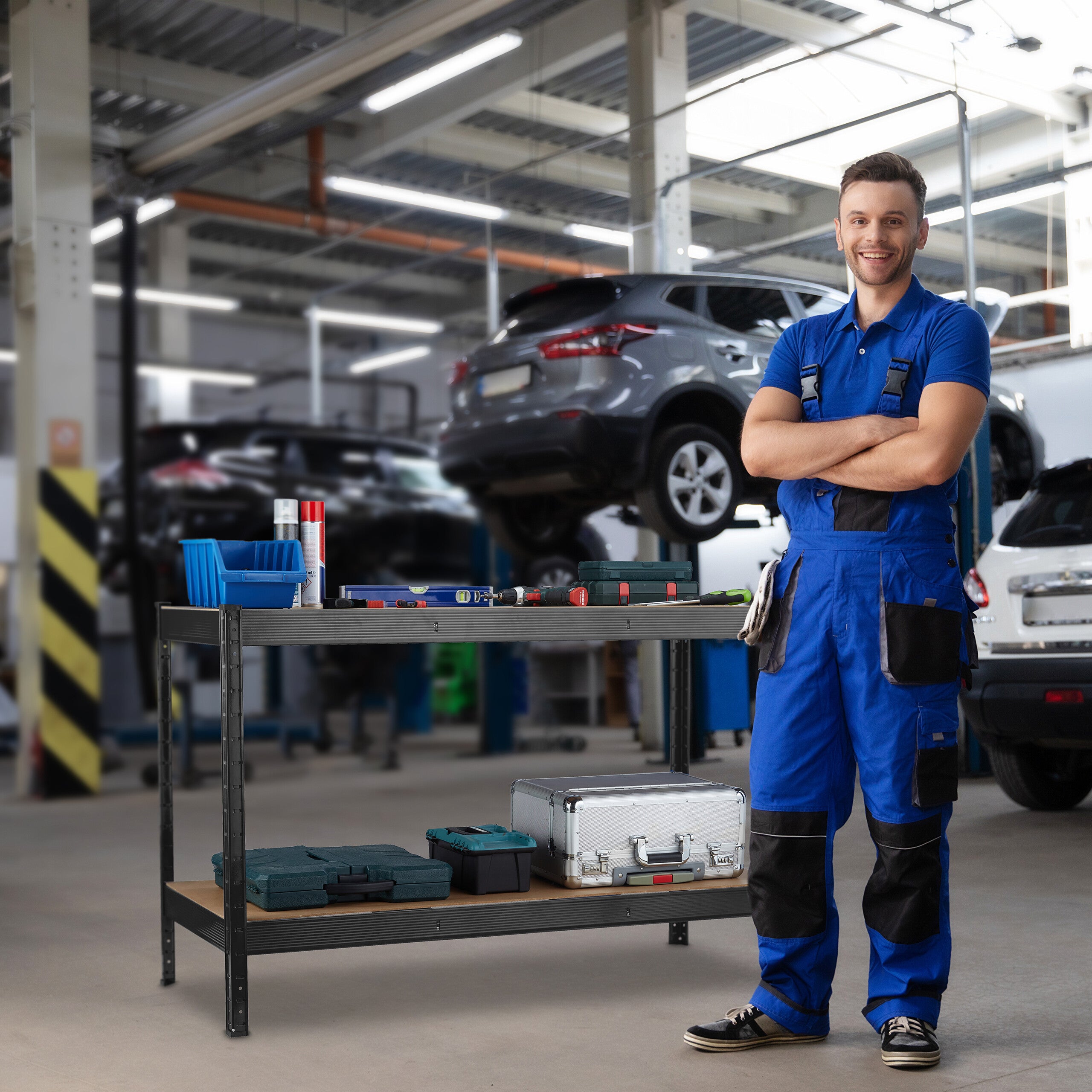 Banc de travail, 600 kg, atelier, HxLxP: 91x141x61 cm, 2 niveaux réglables, rangement acier & MDF, noir, Relaxdays - 5