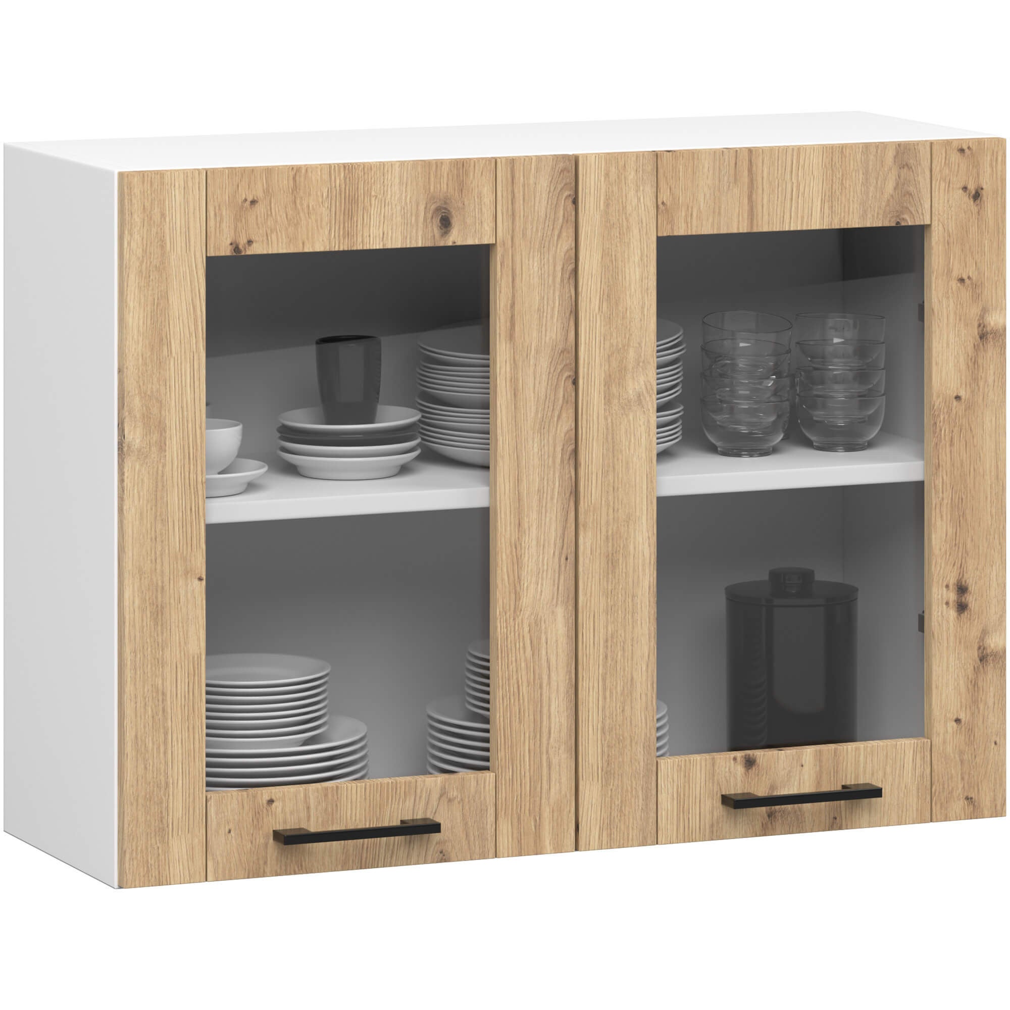 Szafka kuchenna wisząca witryna AKORD OLIWIA W80 Biała 80 cm 2 drzwi kolor Dąb Artisan mat 2 półki 80x30,5x58 cm