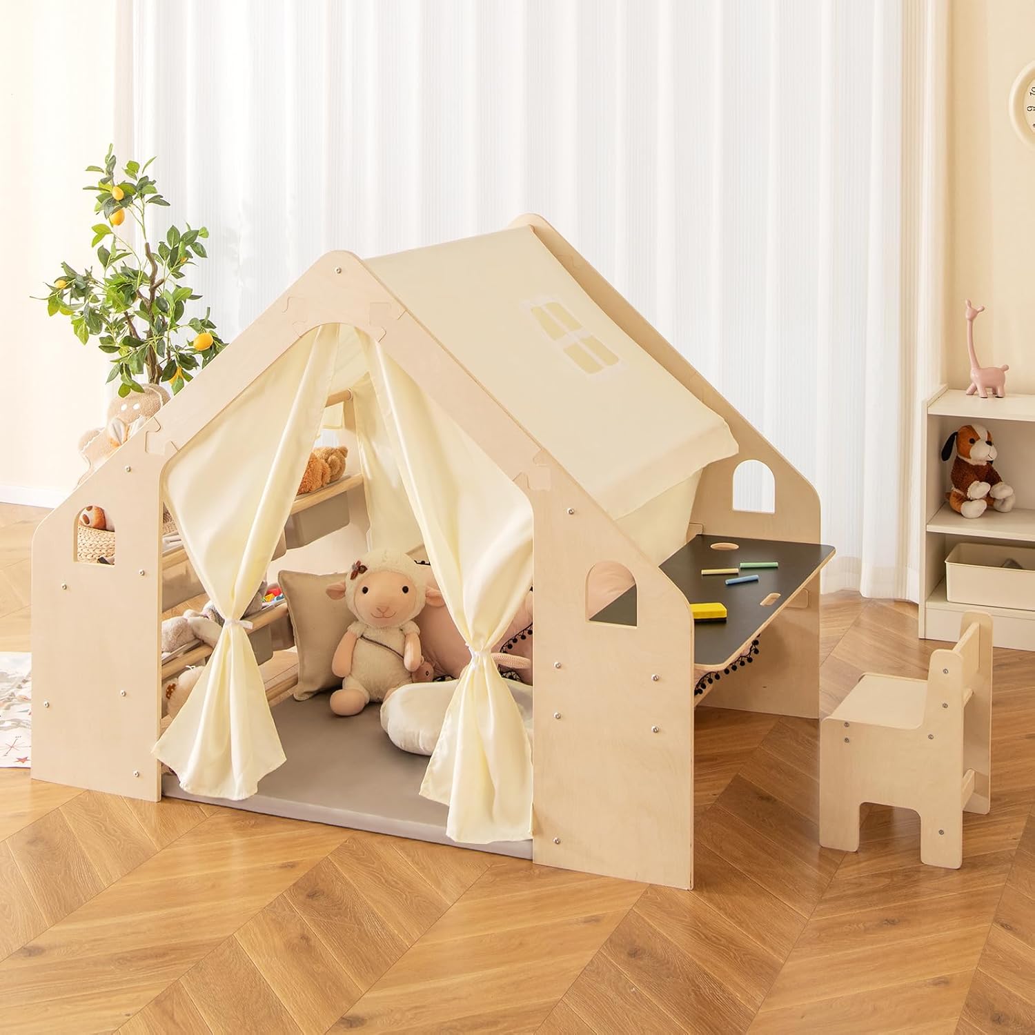 6 en 1 Tente de Jeu Enfants Cadre en Bois Massif, Table & Chaise, Tapis et Rideaux Amovibles, Maisonnette pour 2-6 Ans, 145x98x113cm - 9