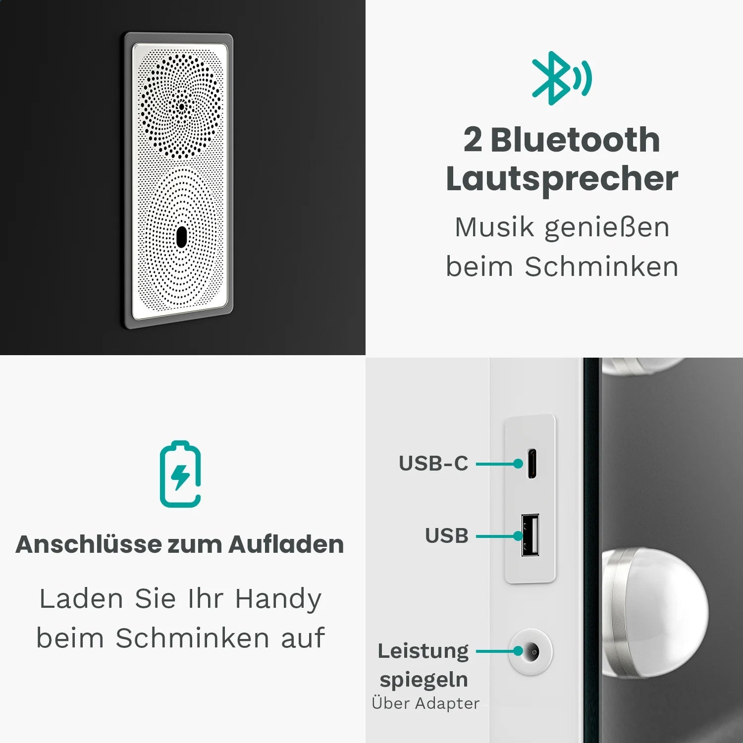 Miroir de maquillage Mirlux Hollywood 80x60 cm - 2 haut-parleurs Bluetooth - Ports de chargement USB et USB-C - Blanc - 4