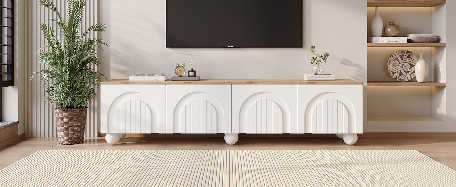 Meuble TV avec 4 portes pour tv 80 pouces - 180 x 40 x 45 cm - MDF - pour salon ou chambre - Blanc + Chêne - 9
