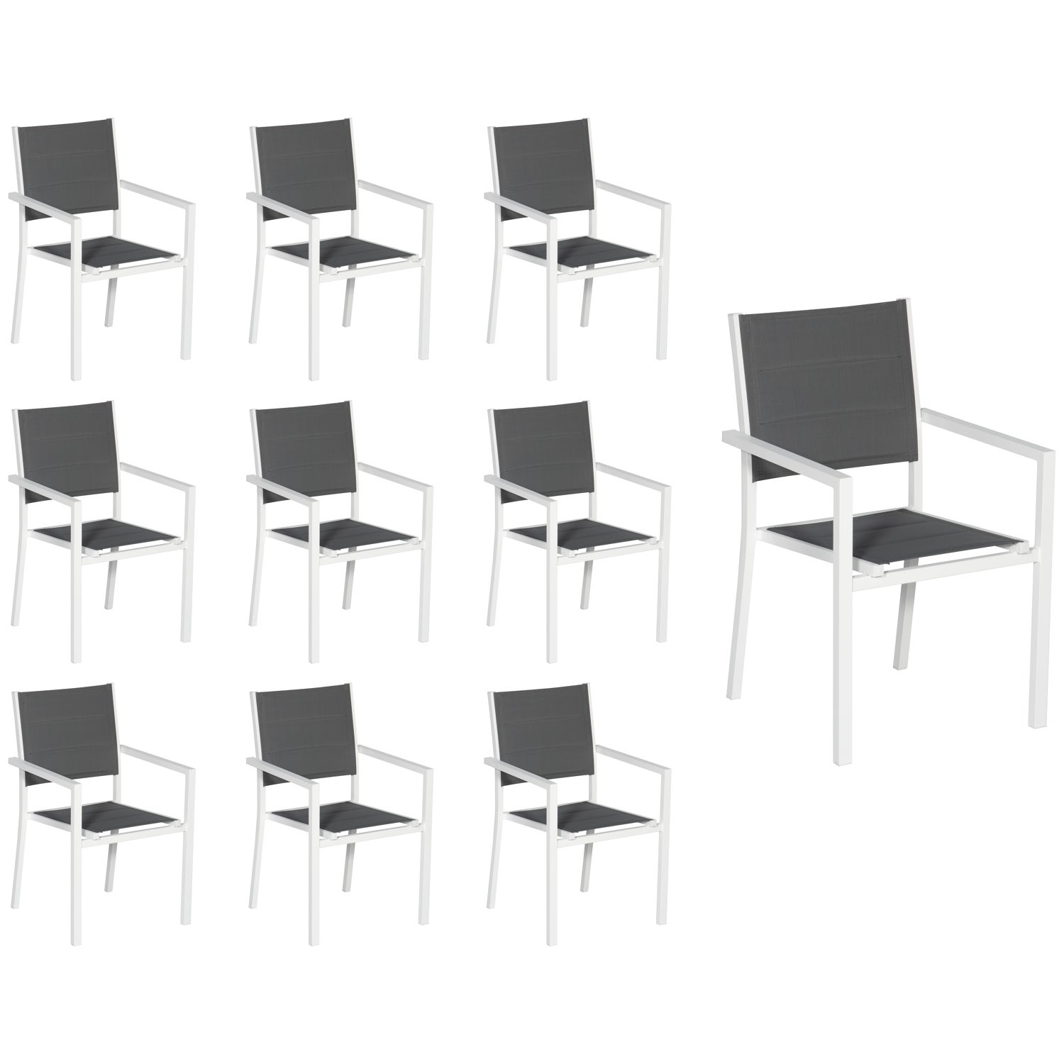 Zestaw 10 białych krzeseł tapicerowanych aluminium - szary textilene