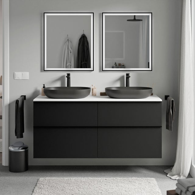 BERNSTEIN - Meuble sous vasque suspendu MDF Noir mat, plan vasque Blanc mat, poignée Chrome - 140x46x62cm - LAVOA