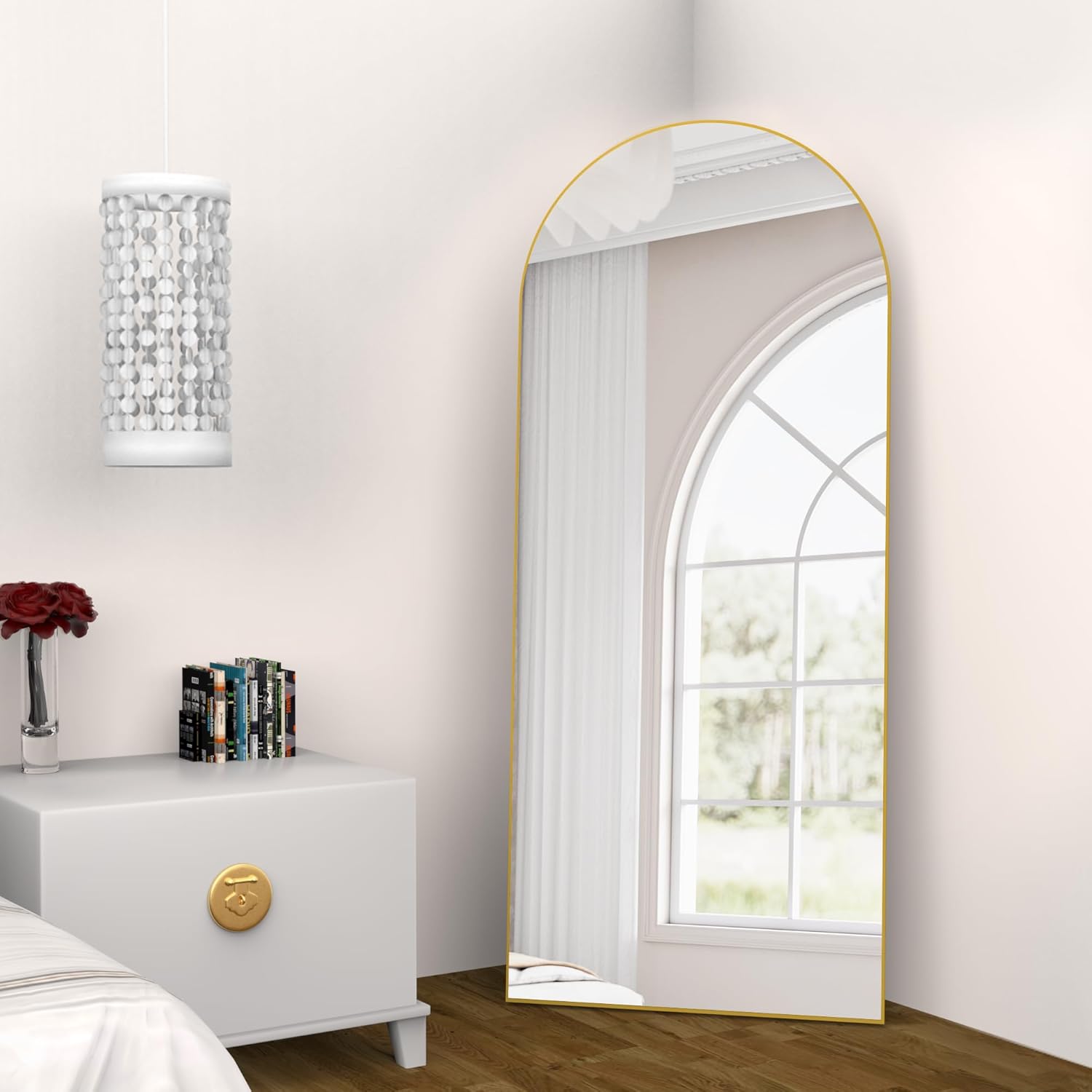 Specchio a figura intera 165 x 60 cm, specchio da terra con cornice in alluminio, specchio da appoggio ad arco liscio, oro - 6