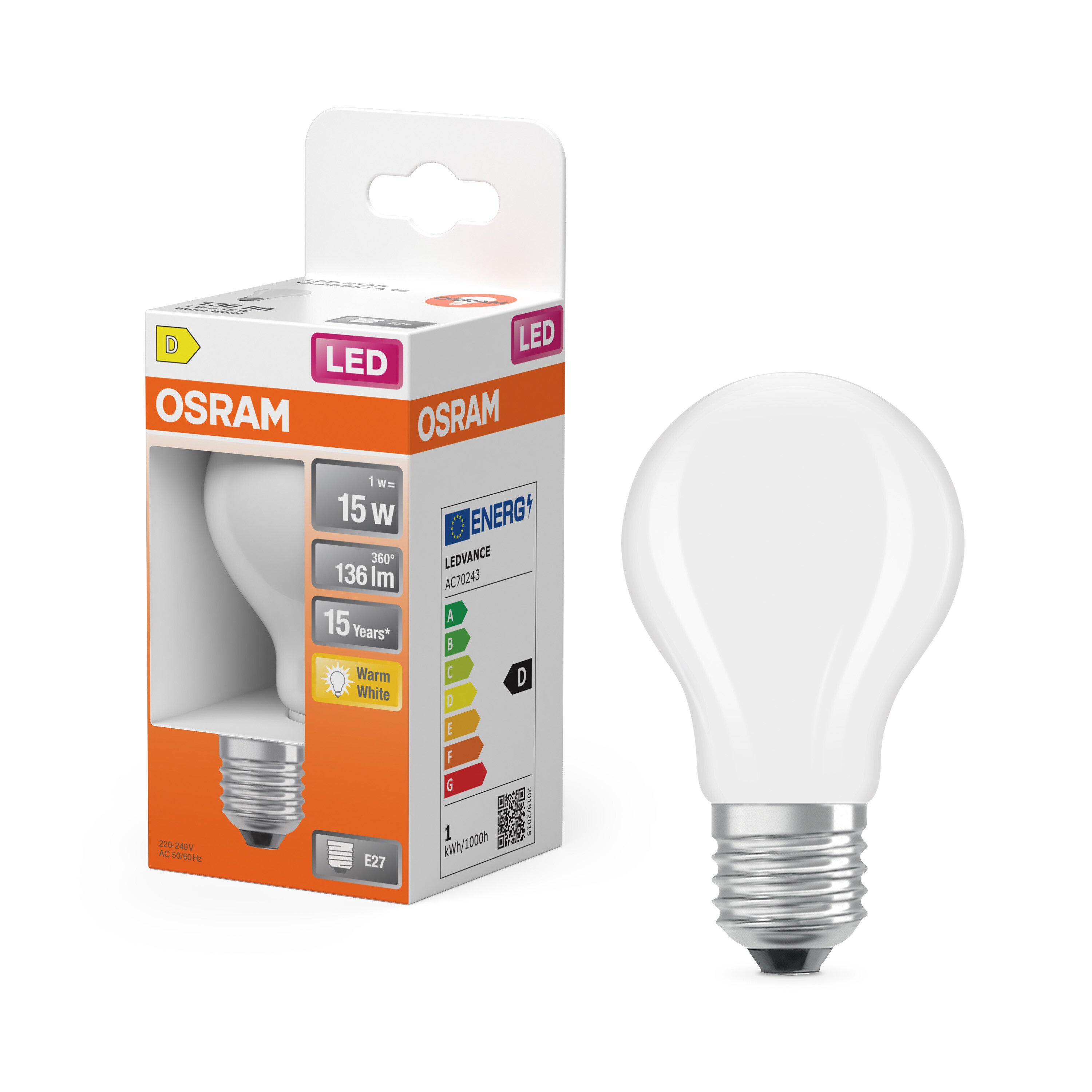 OSRAM Lampe LED forme étoile filament A15, 2700 K blanc chaud, 1 W, E27, dépolie, 136 lm, 15&nbsp;000 h, pour petits luminaires, éclairage général, non - 3