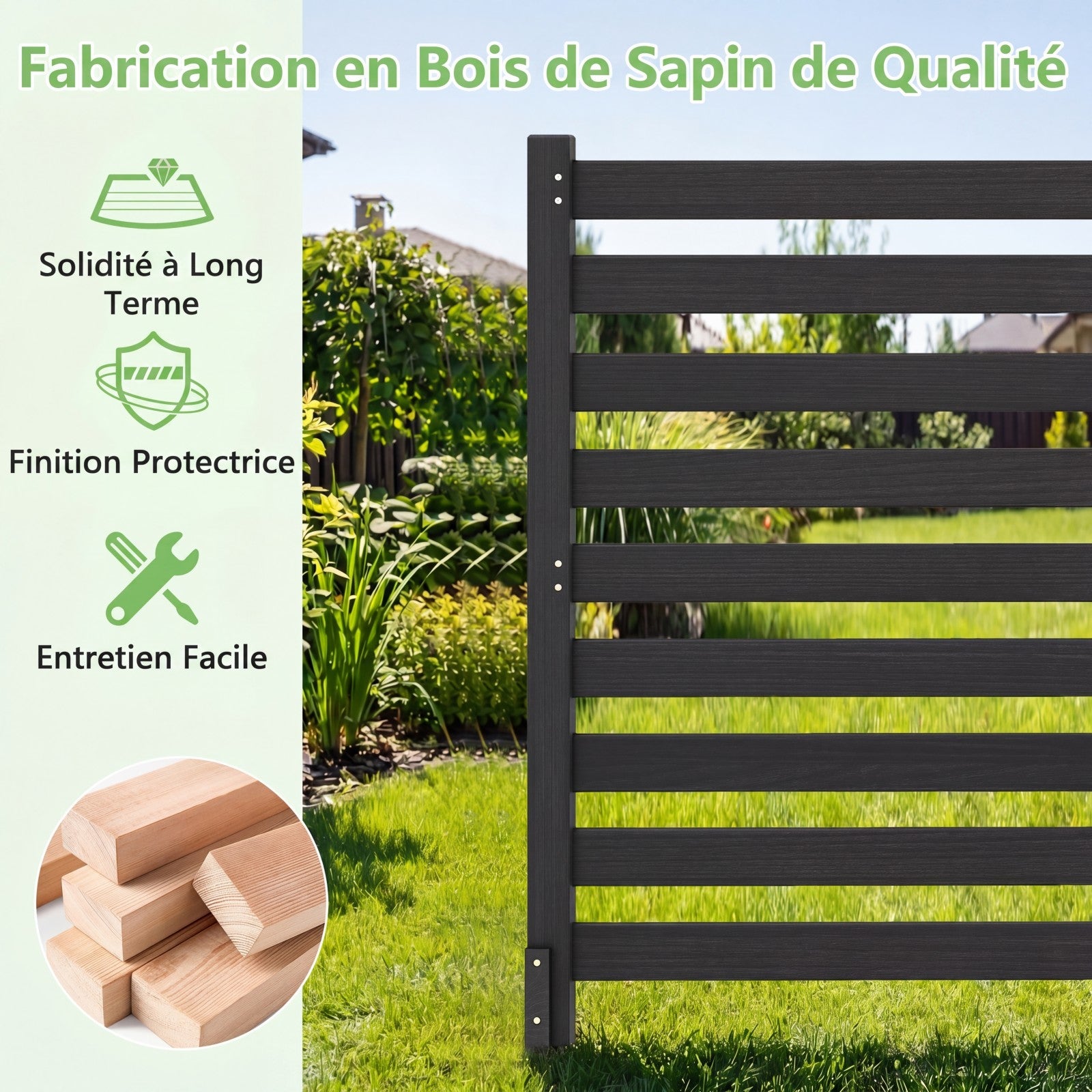Clôture Jardin 2 Panneaux, Barriere Jardin à Lattes Modulable en Bois de Sapin avec Piquets, pour Poubelle, Climatiseur, 99x99x107CM, Noir - 5